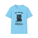 T-Shirt — 'My Brain Needs a Manager' Tired Cat Graphic Tee (Tired jokes)