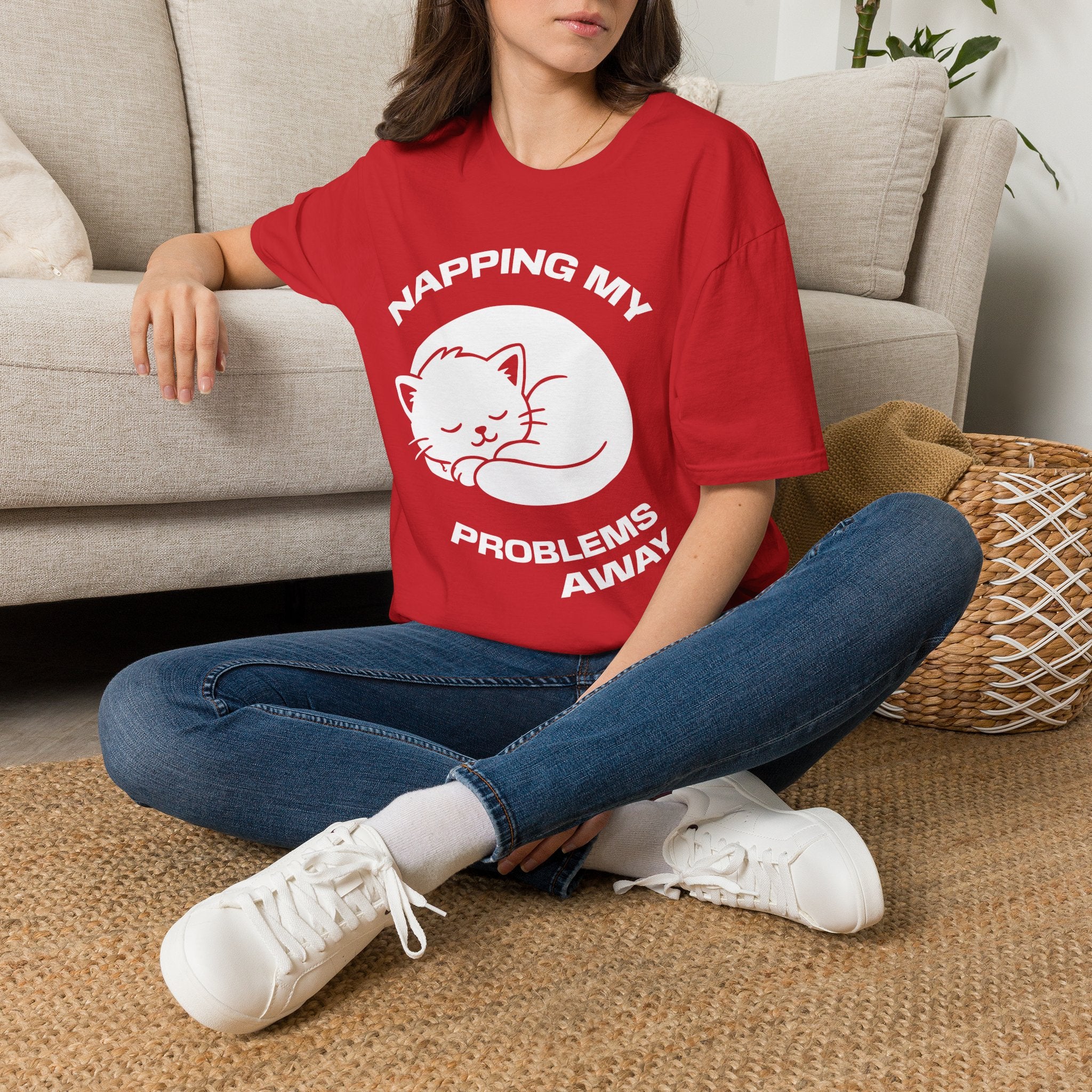 T-Shirt — 'NAPPING MY PROBLEMS AWAY' Tired Cat Graphic Tee (Tired jokes)