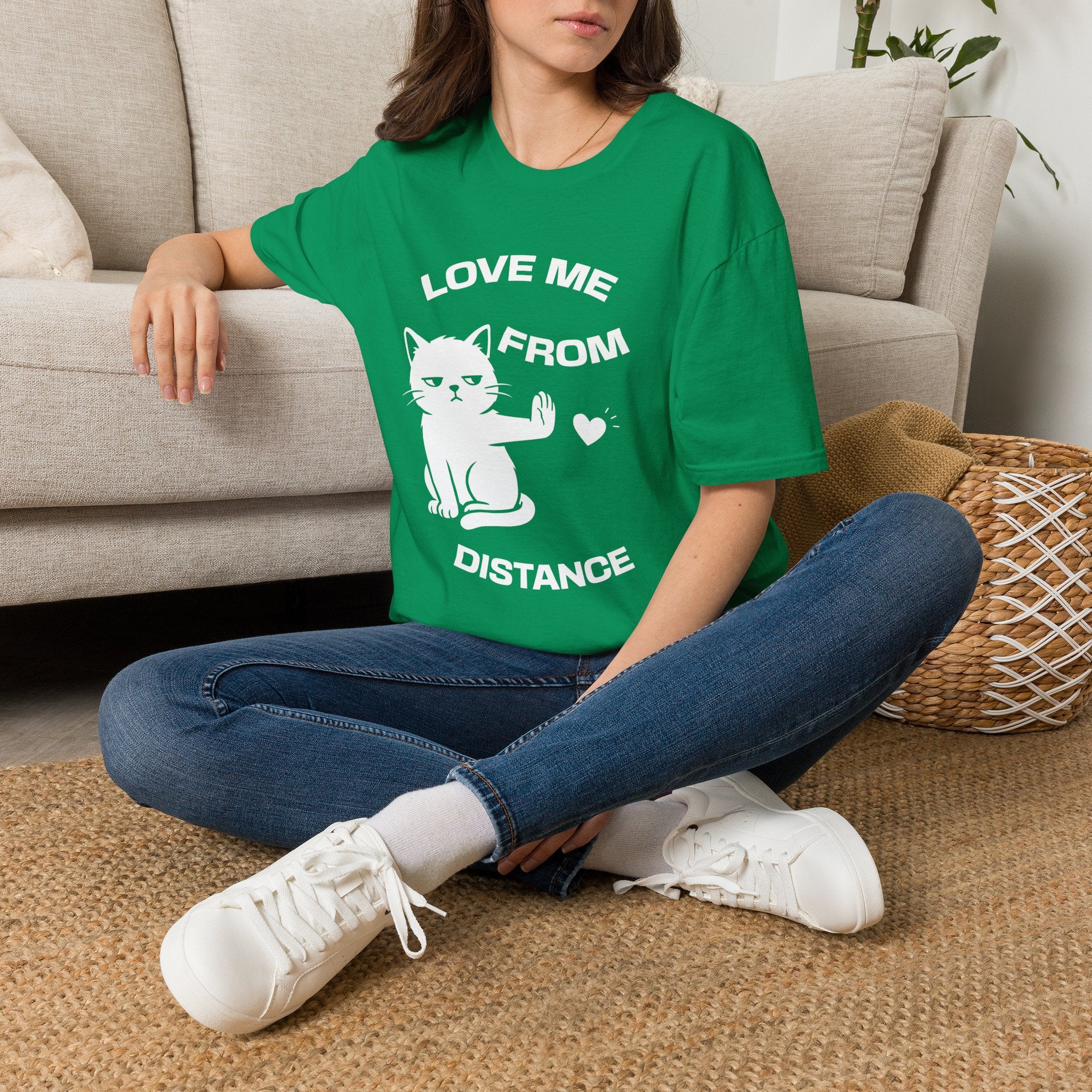 T-Shirt — 'Love Me From Distance' Tired Cat Graphic Tee (Tired jokes)