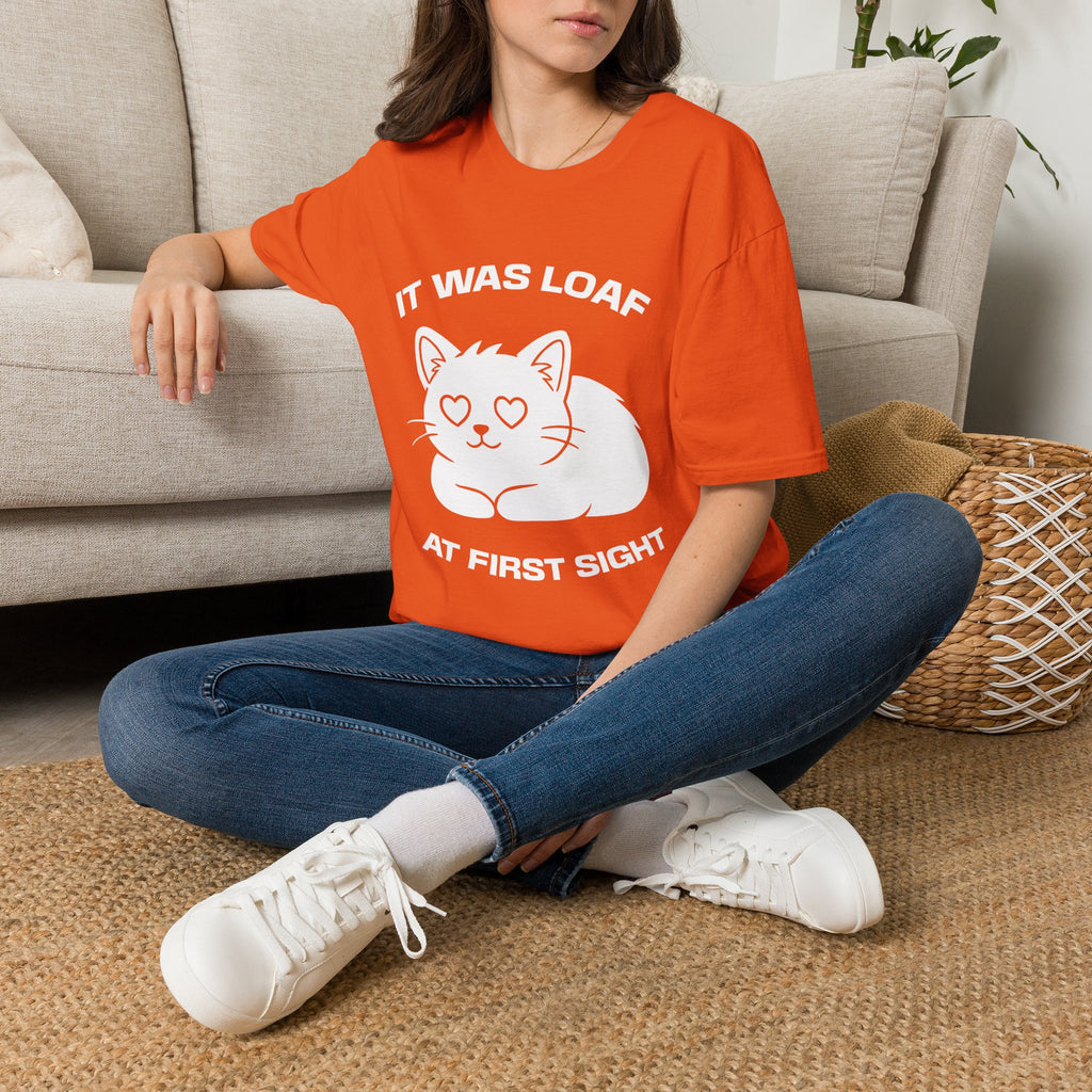 T-Shirt — 'IT WAS LOAF AT FIRST SIGHT' Tired Cat Graphic Tee (Tired jokes)