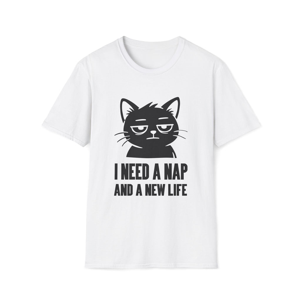 T-Shirt — 'I NEED A NAP AND A NEW LIFE' Tired Cat Graphic Tee (Tired jokes)