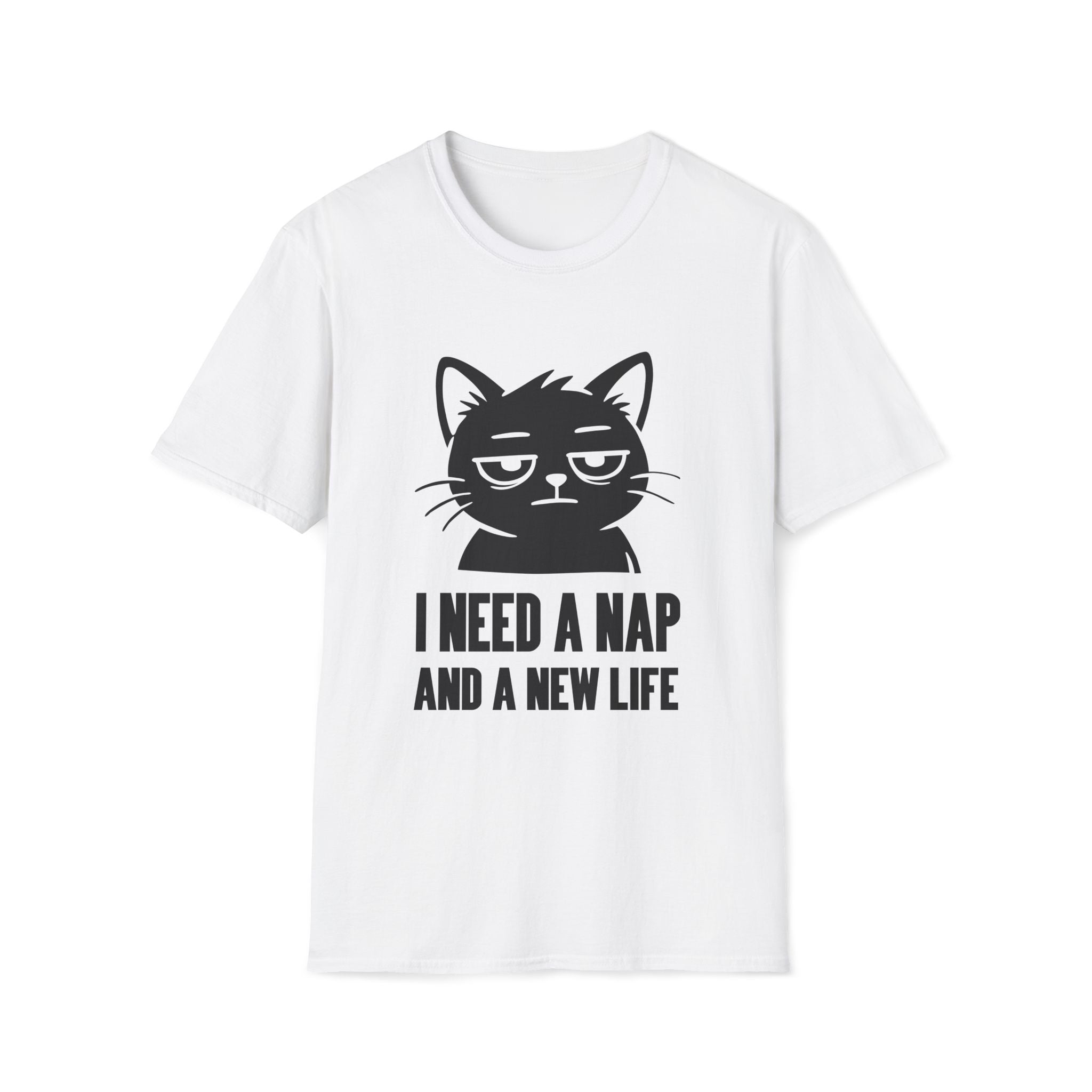 T-Shirt — 'I NEED A NAP AND A NEW LIFE' Tired Cat Graphic Tee (Tired jokes)