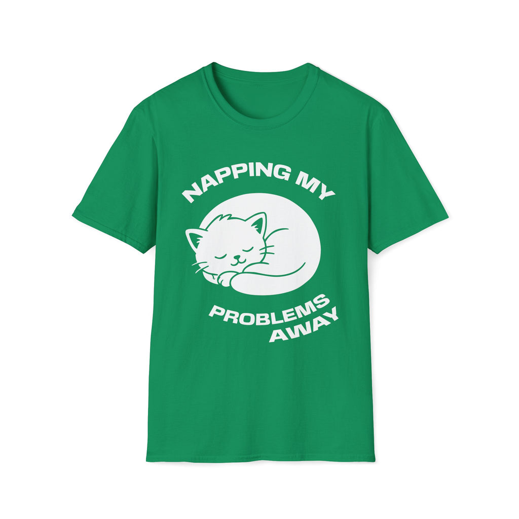 T-Shirt — 'NAPPING MY PROBLEMS AWAY' Tired Cat Graphic Tee (Tired jokes)