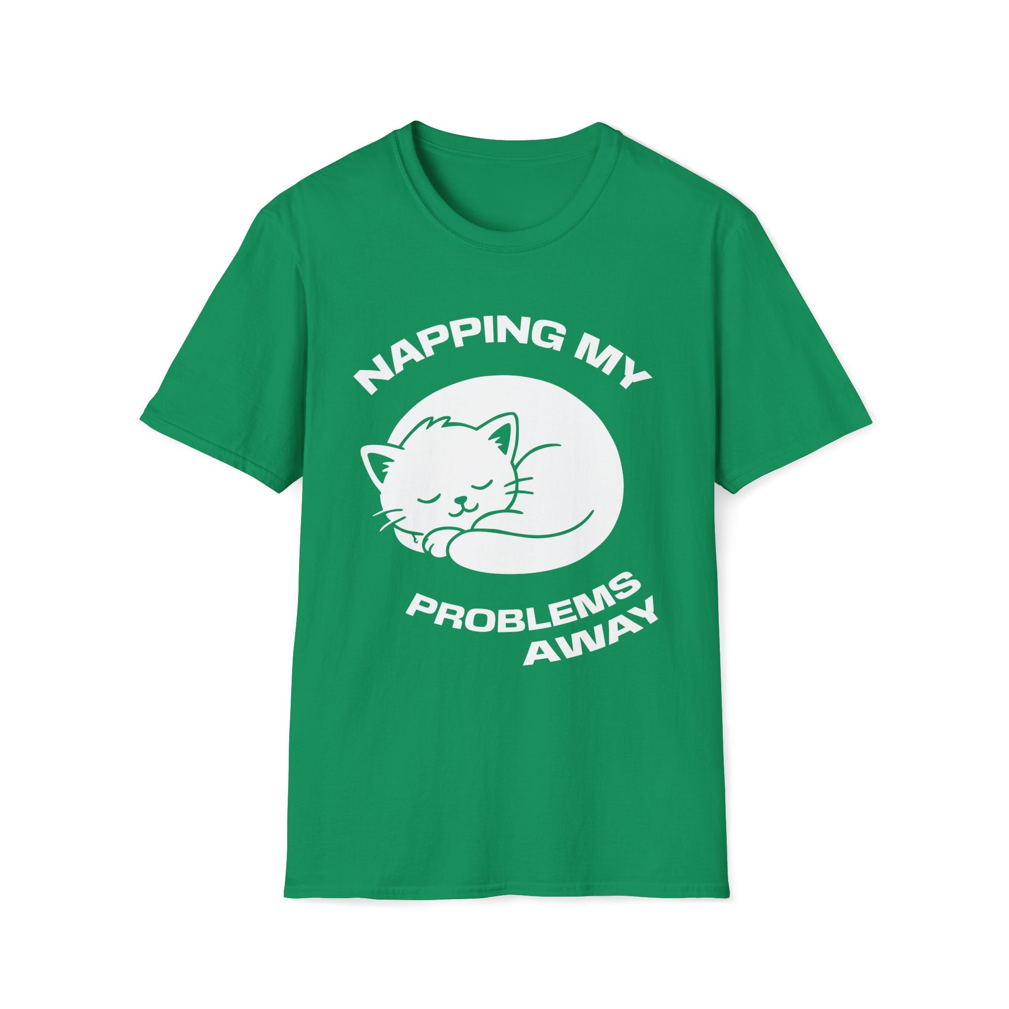 T-Shirt — 'NAPPING MY PROBLEMS AWAY' Tired Cat Graphic Tee (Tired jokes)