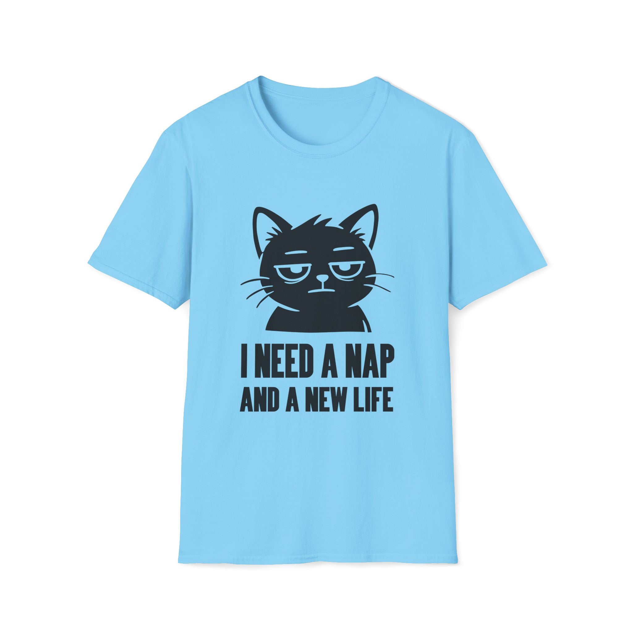T-Shirt — 'I NEED A NAP AND A NEW LIFE' Tired Cat Graphic Tee (Tired jokes)