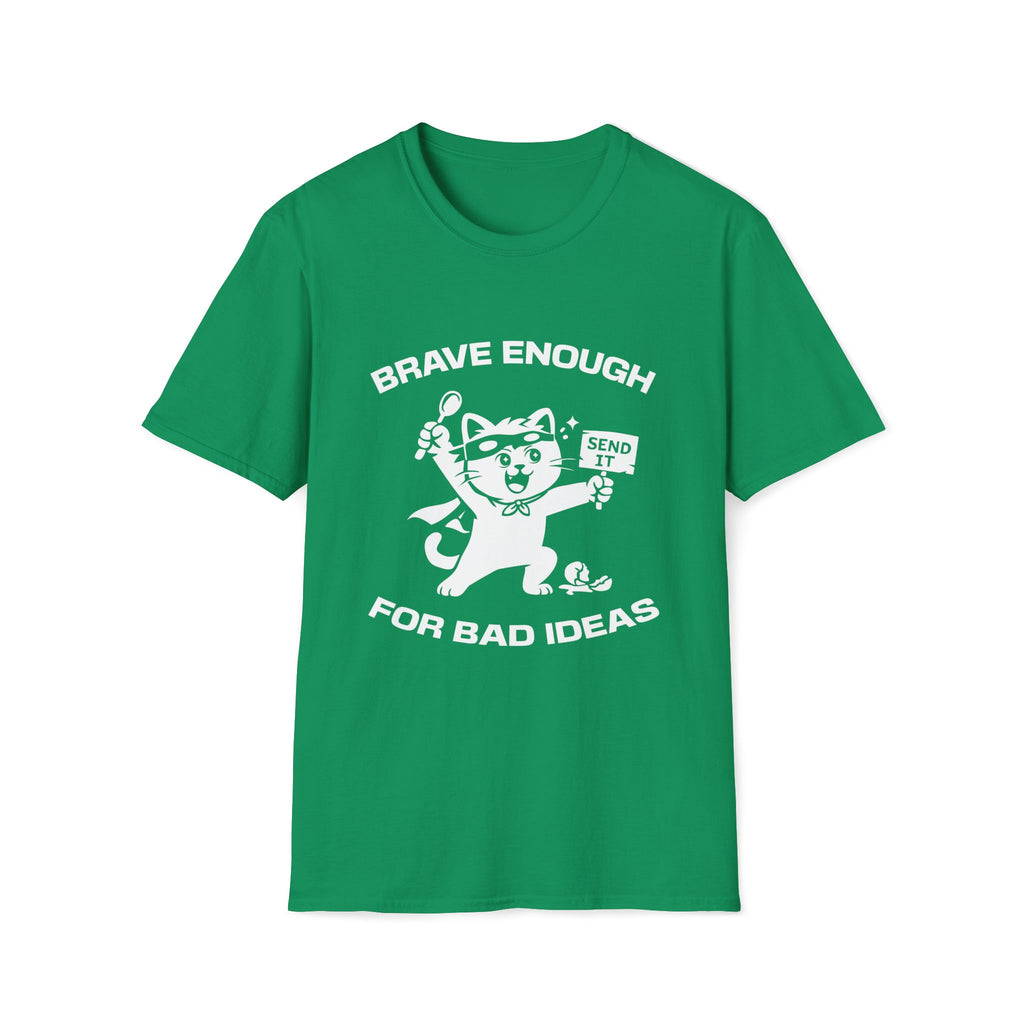 T-Shirt — 'Brave Enough For Bad Ideas' Tired Cat Graphic Tee (Tired jokes)