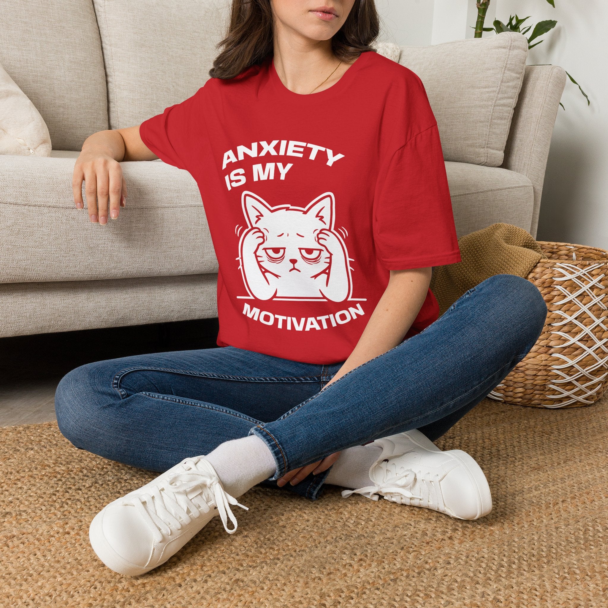 T-Shirt — 'ANXIETY IS MY MOTIVATION' Tired Cat Graphic Tee (Tired jokes)