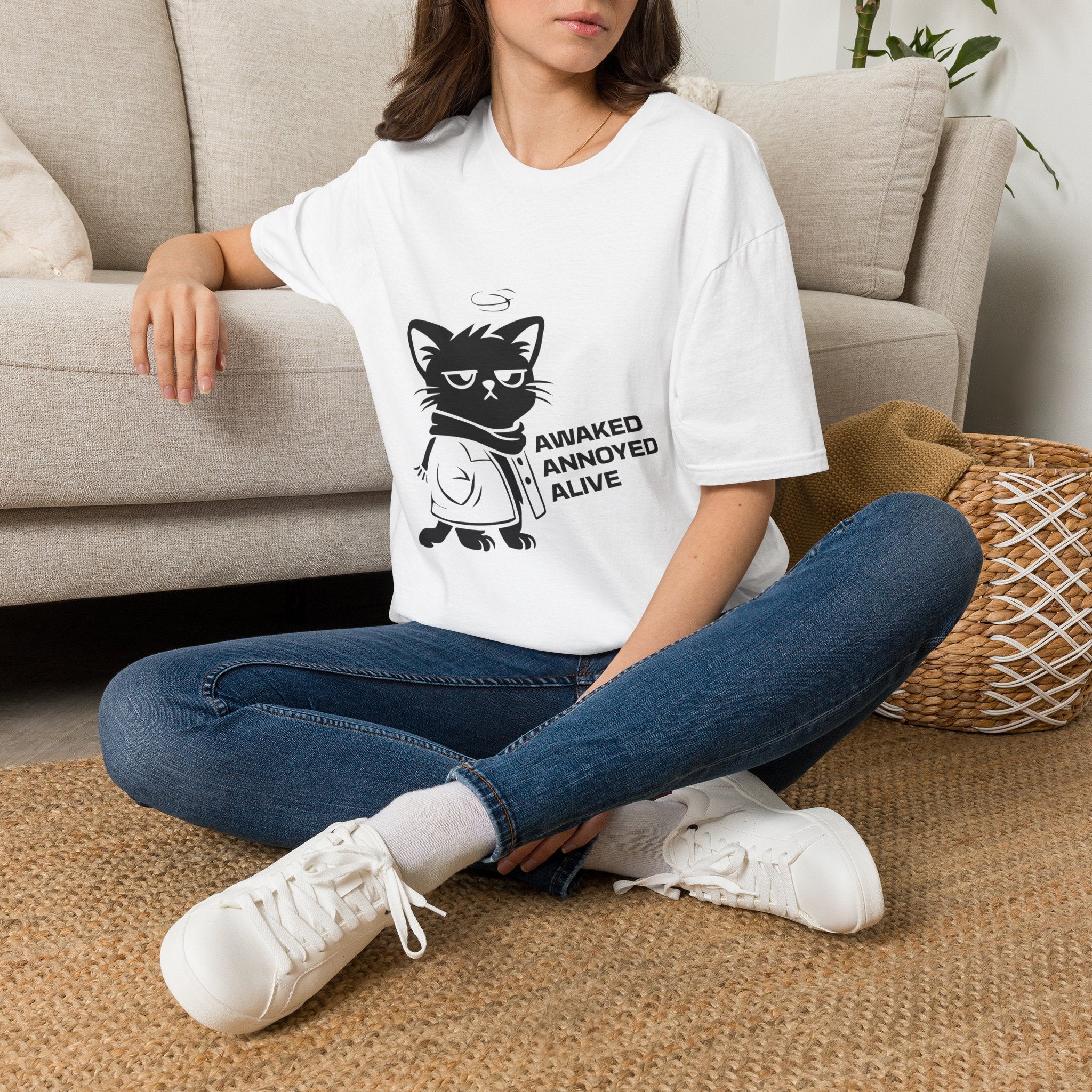 T-Shirt — 'AWAKED ANNOYED ALIVE' Tired Cat Graphic Tee (Tired jokes)