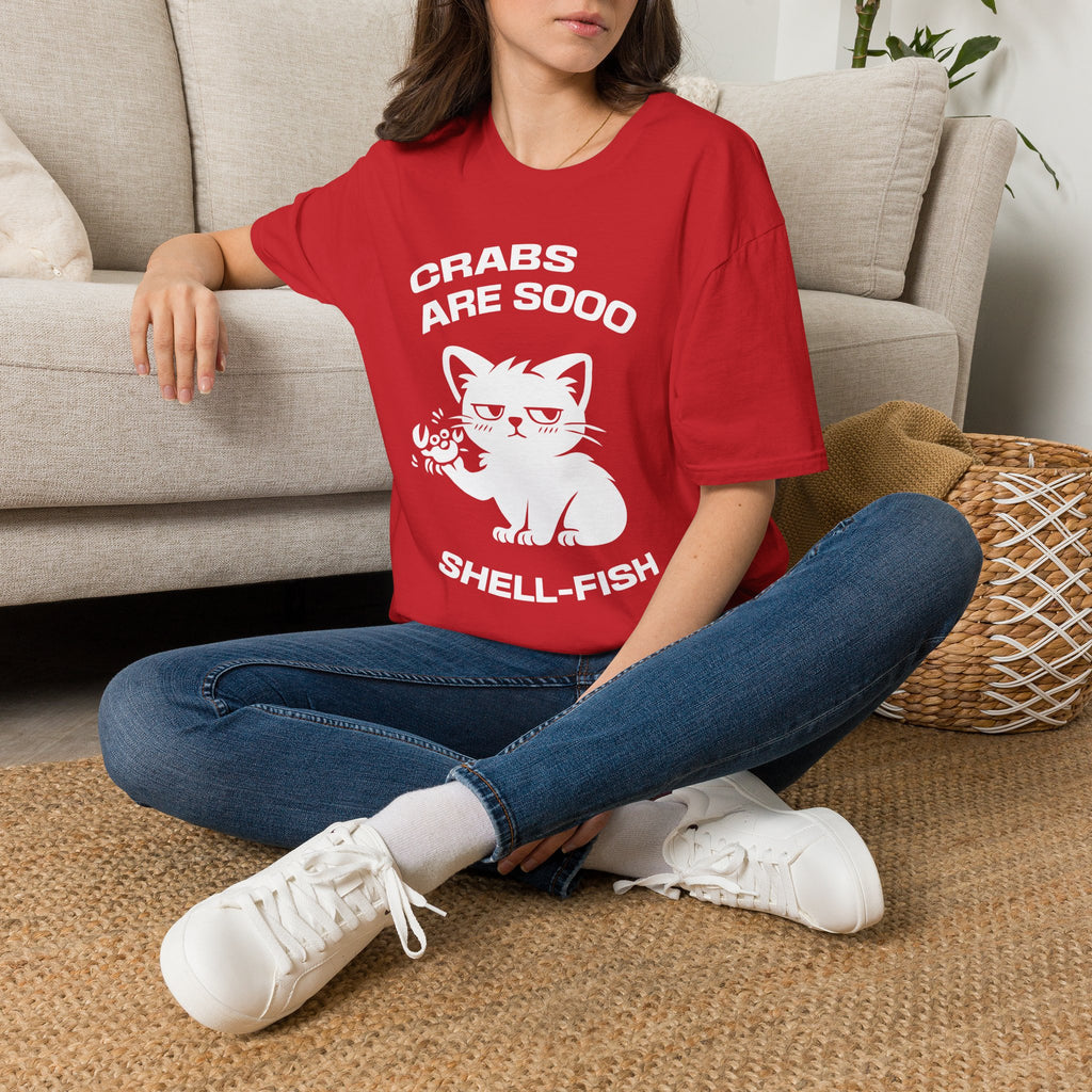 T-Shirt — 'CRABS ARE SO SHELL-FISH' Tired Cat Graphic Tee (Tired jokes)