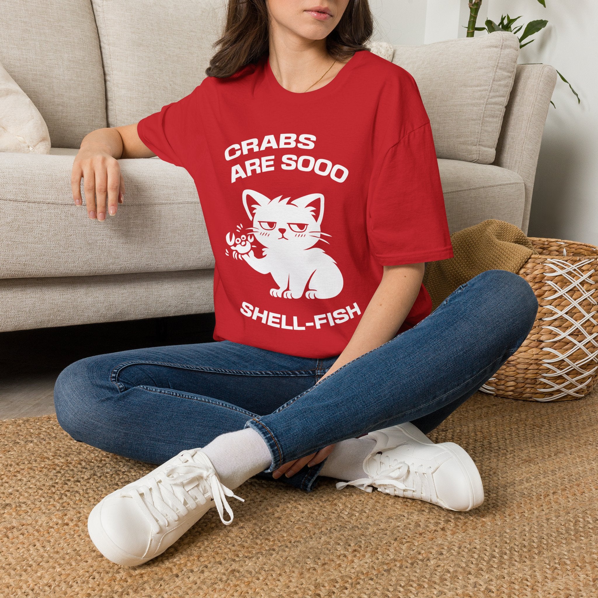 T-Shirt — 'CRABS ARE SO SHELL-FISH' Tired Cat Graphic Tee (Tired jokes)
