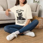 T-Shirt — 'MY BED IS MY EMOTIONAL SUPPORT' Tired Cat Graphic Tee (Tired jokes)