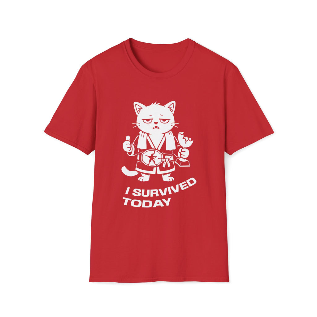 T-Shirt — 'I SURVIVED TODAY' Tired Cat Graphic Tee (Tired jokes)