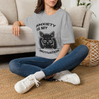 T-Shirt — 'ANXIETY IS MY MOTIVATION' Tired Cat Graphic Tee (Tired jokes)
