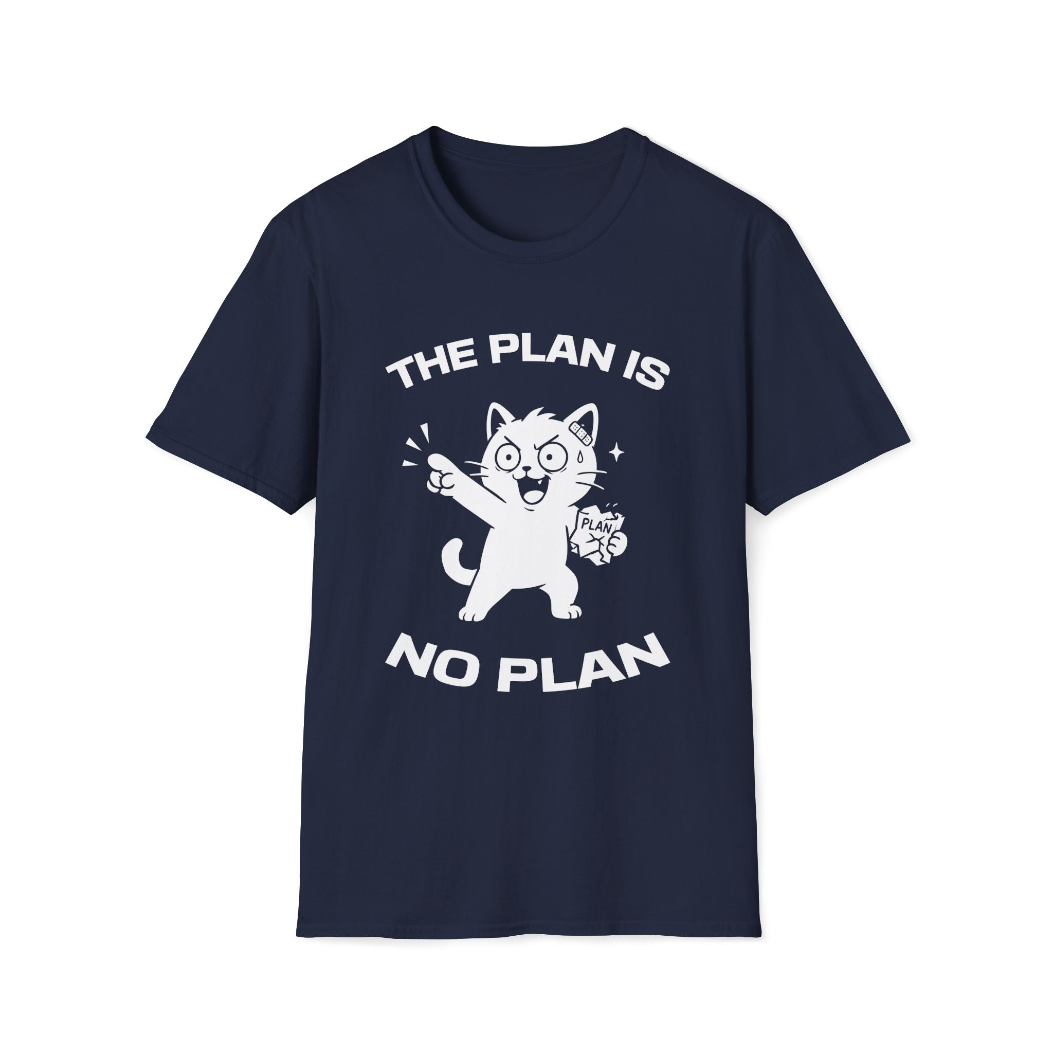 T-Shirt — 'The Plan Is No Plan' Tired Cat Graphic Tee (Tired jokes)