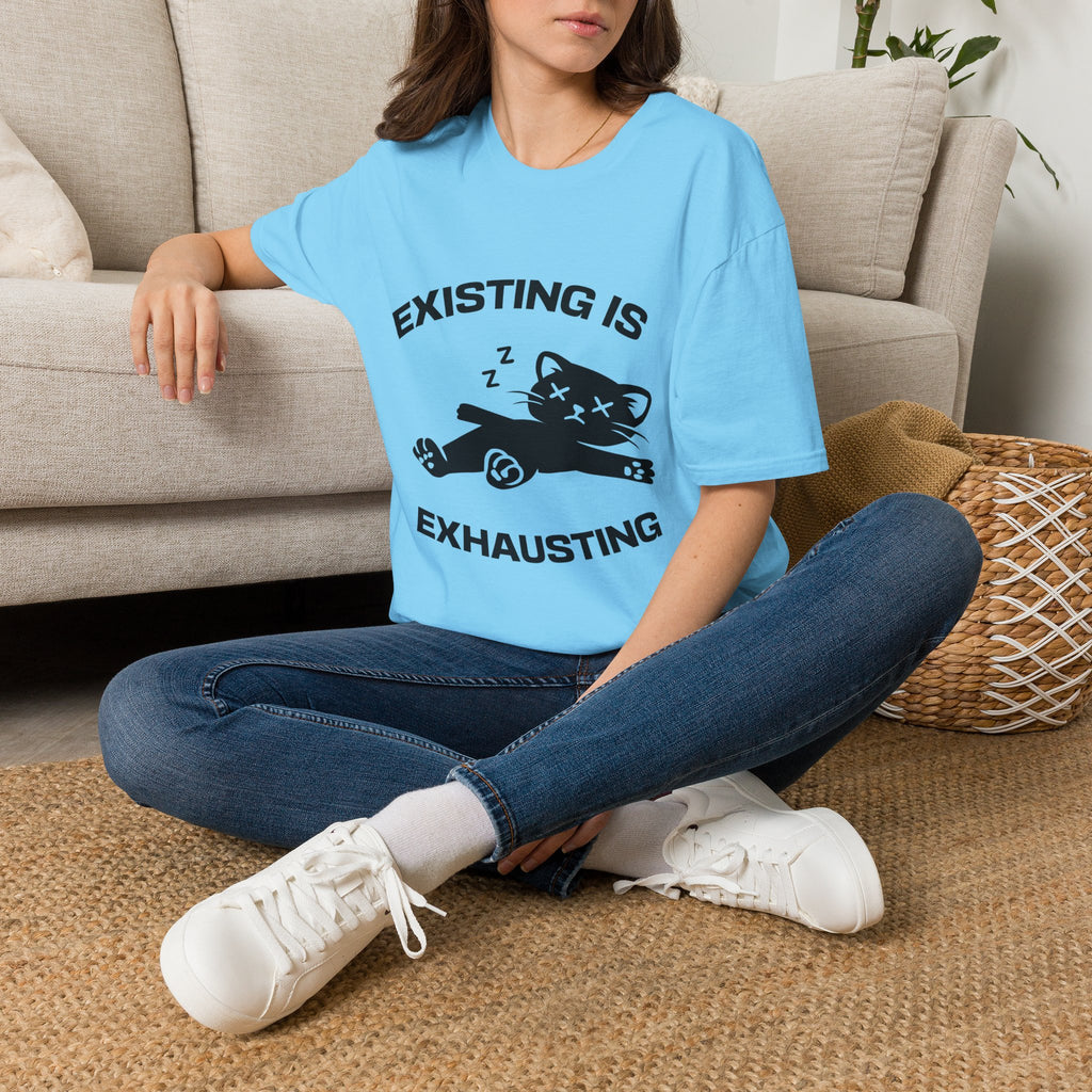 T-Shirt — 'Existing is Exhausthing ' Tired Cat Graphic Tee (Tired jokes)