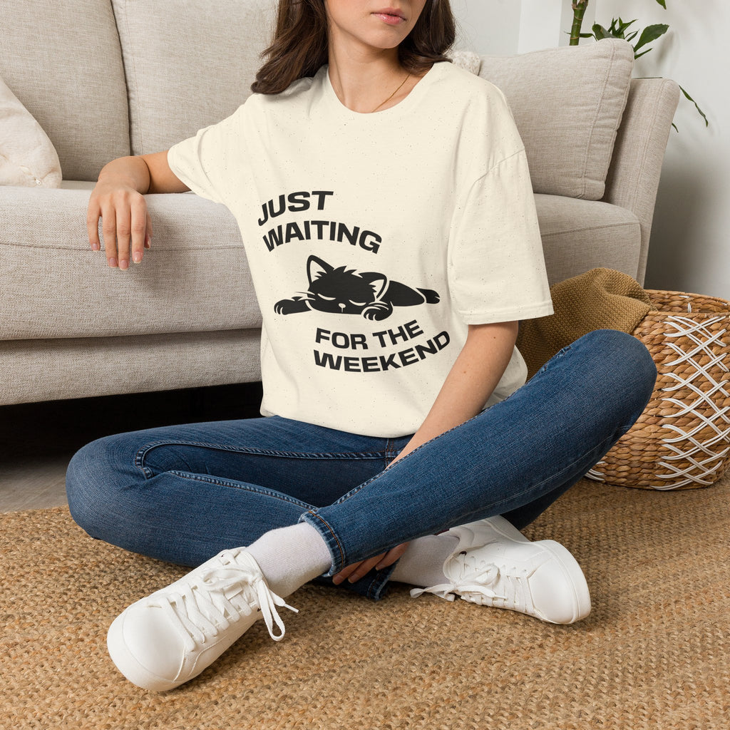T-Shirt — 'JUST WAITING FOR THE WEEKEND' Tired Cat Graphic Tee (Tired jokes)