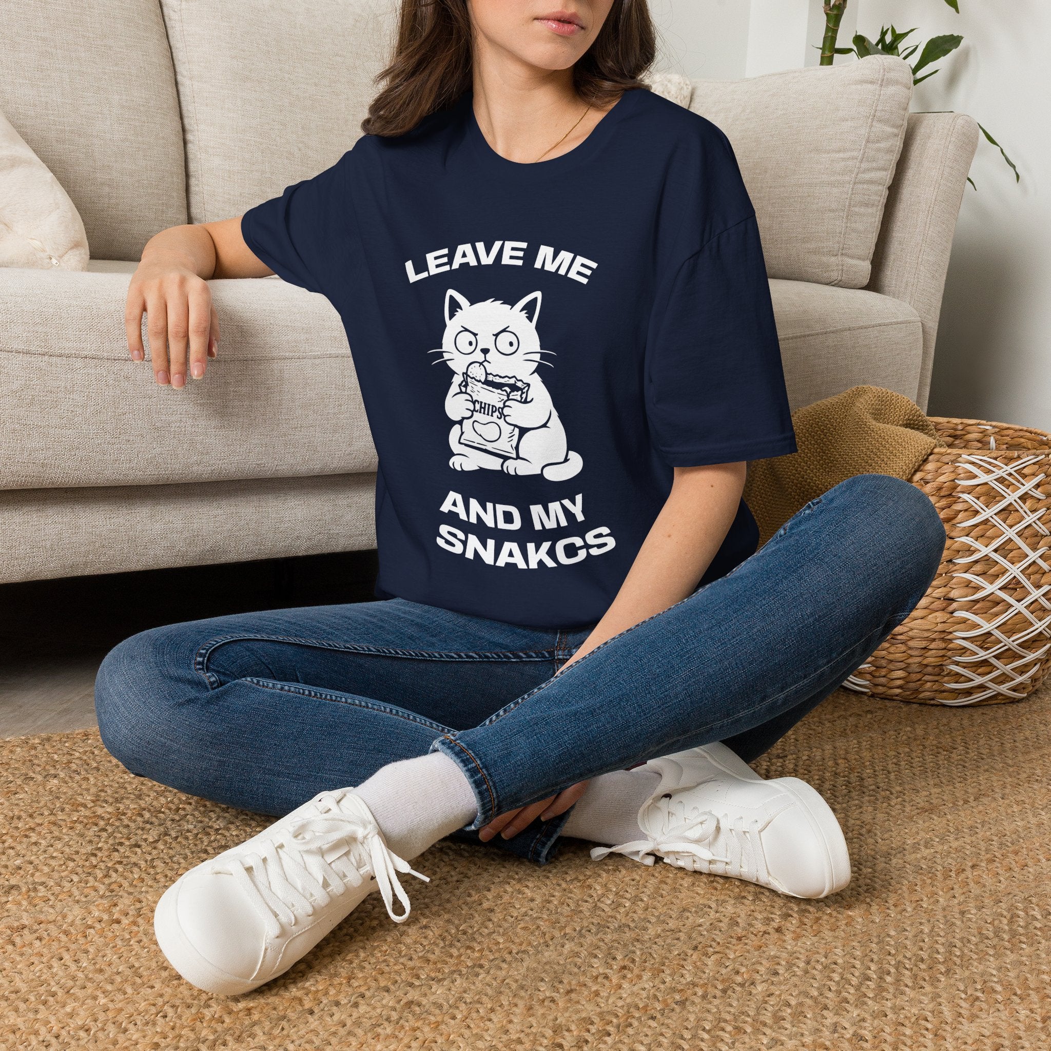 T-Shirt — 'LEAVE ME AND MY SNACKS' Tired Cat Graphic Tee (Tired jokes)