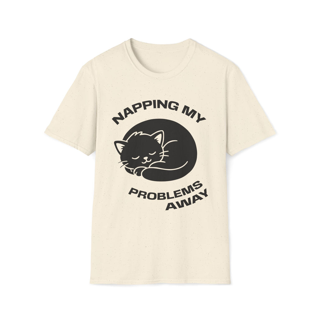 T-Shirt — 'NAPPING MY PROBLEMS AWAY' Tired Cat Graphic Tee (Tired jokes)