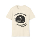 T-Shirt — 'NAPPING MY PROBLEMS AWAY' Tired Cat Graphic Tee (Tired jokes)
