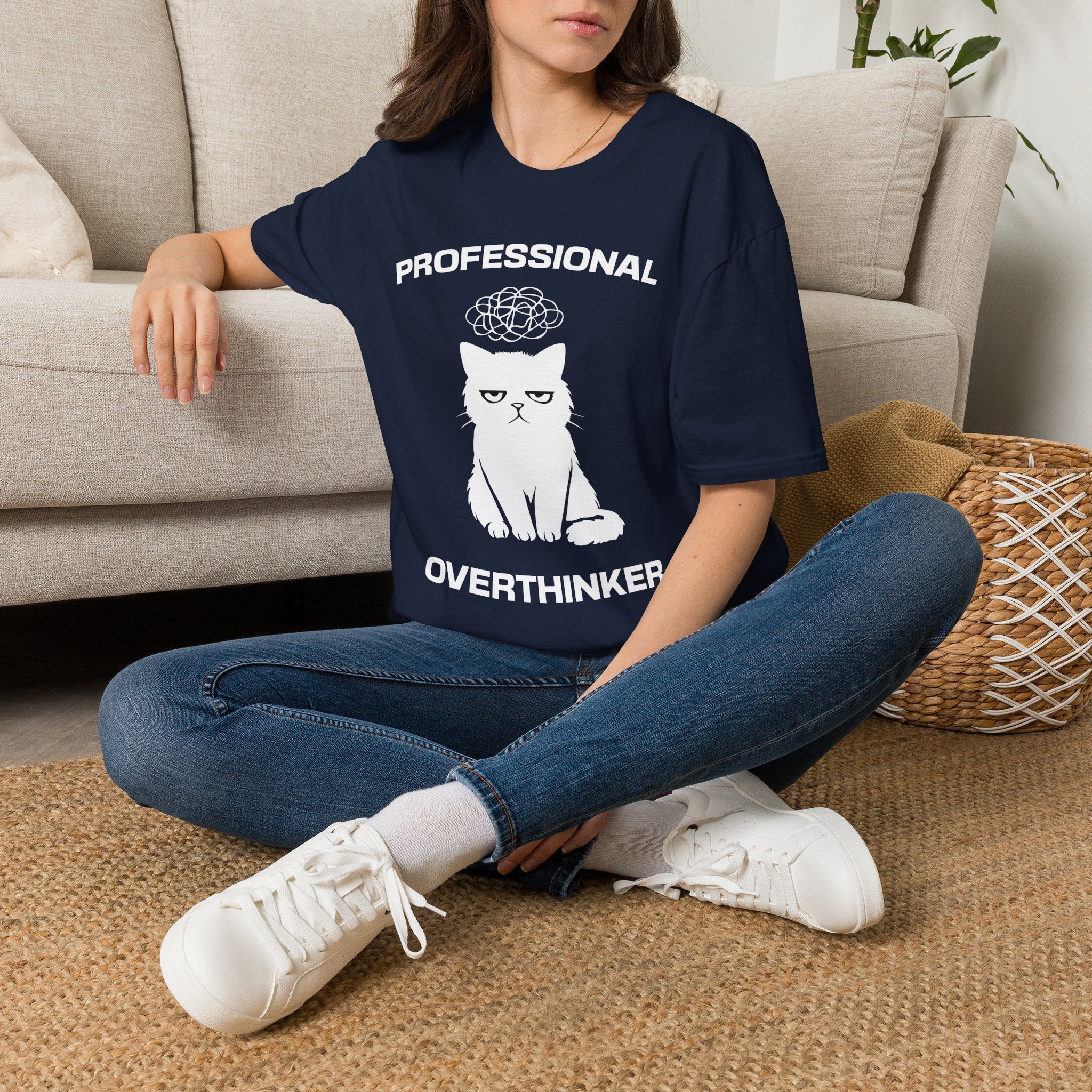 T-Shirt — 'Professional Overthinker' Tired Cat Graphic Tee (Tired jokes)