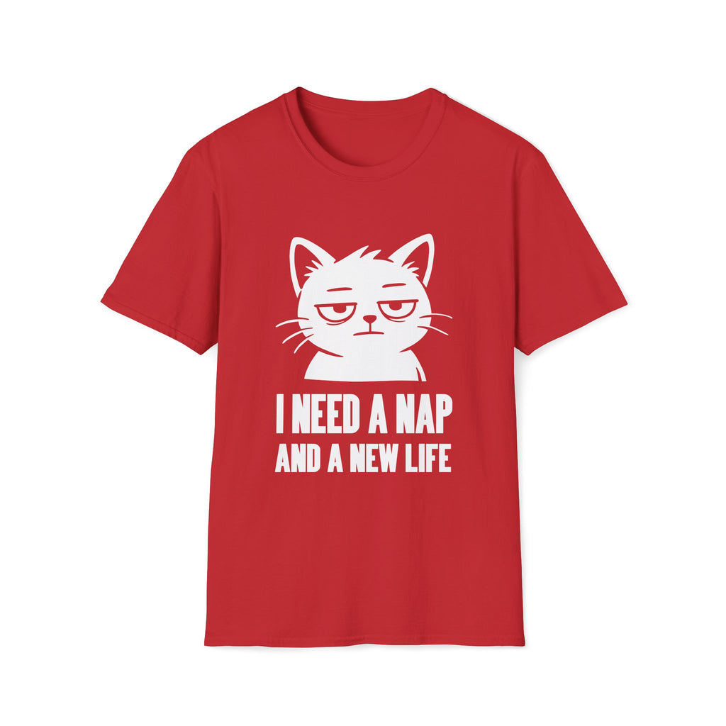 T-Shirt — 'I NEED A NAP AND A NEW LIFE' Tired Cat Graphic Tee (Tired jokes)