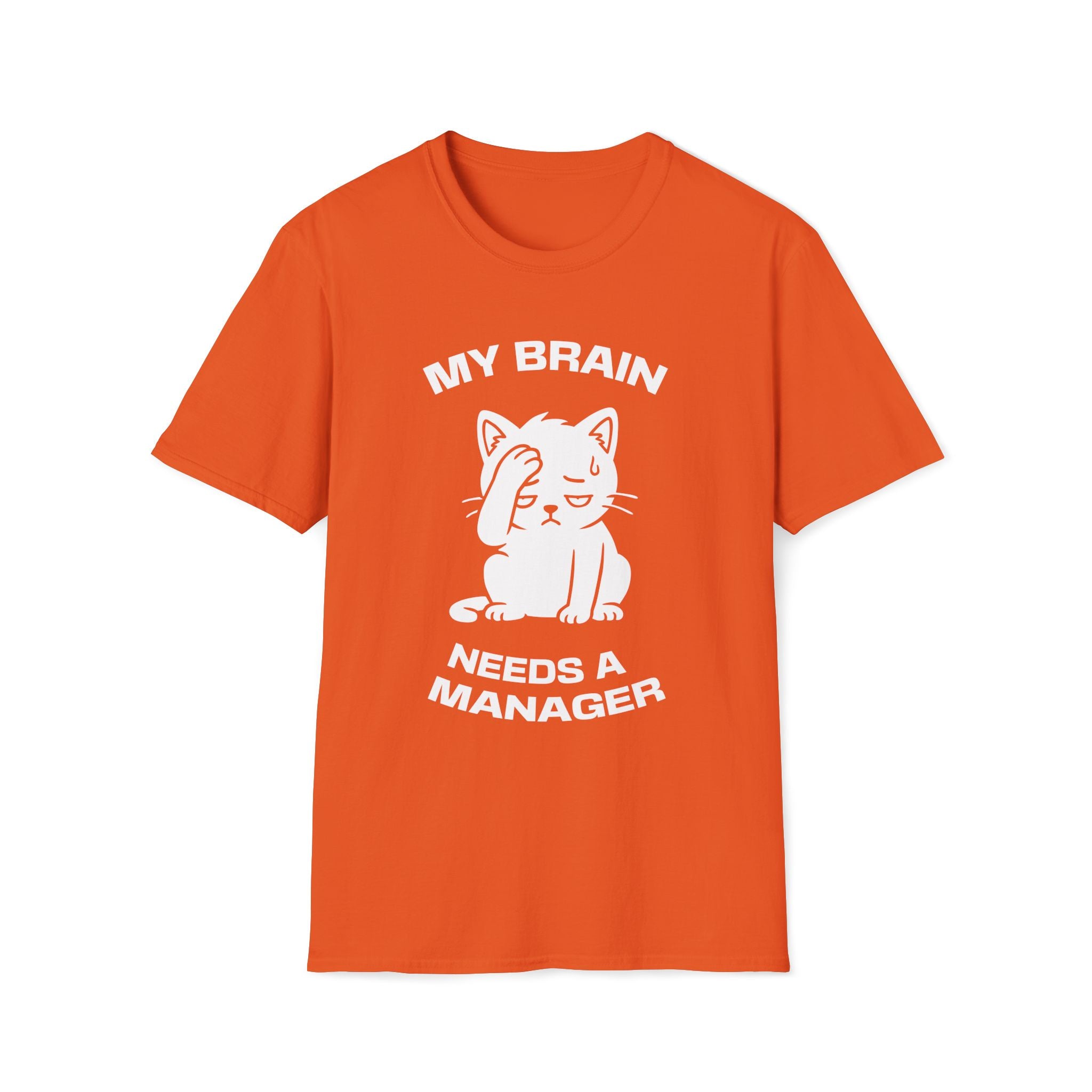 T-Shirt — 'My Brain Needs a Manager' Tired Cat Graphic Tee (Tired jokes)