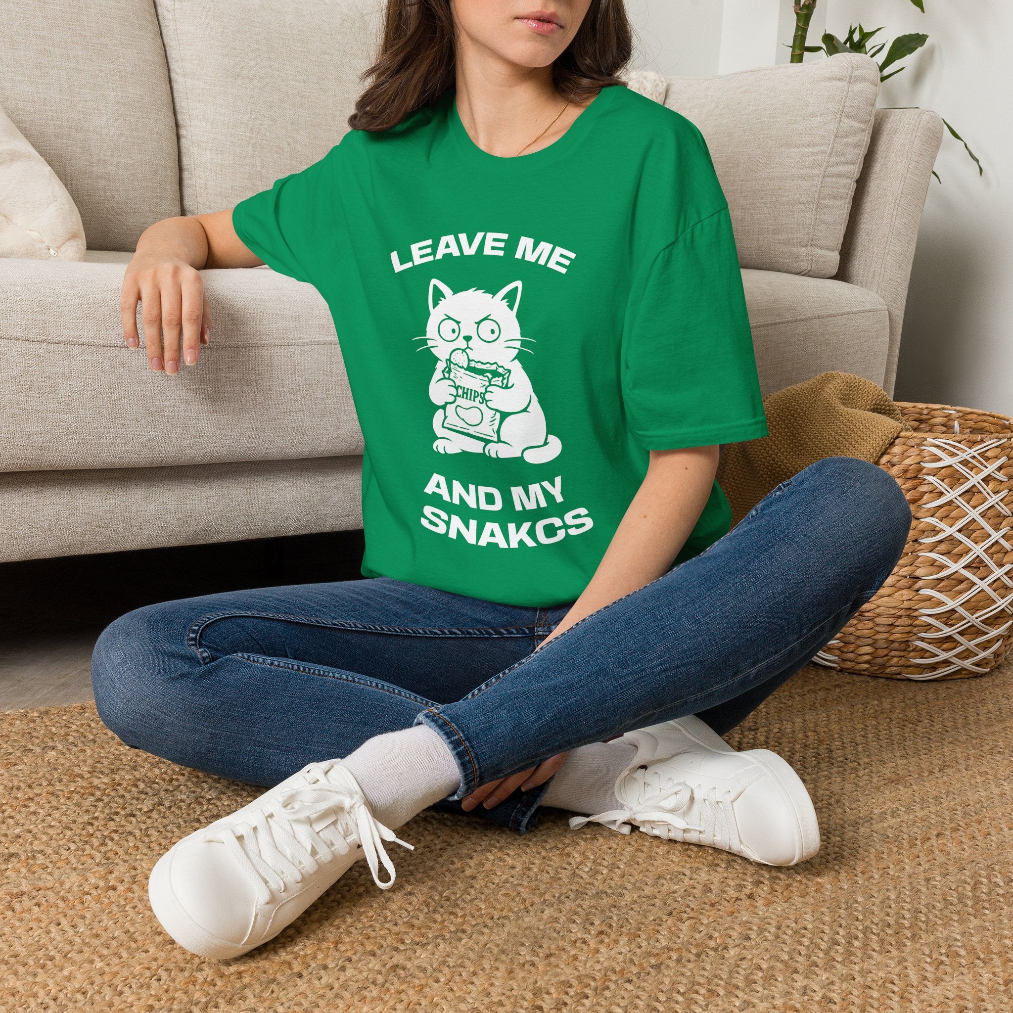 T-Shirt — 'LEAVE ME AND MY SNACKS' Tired Cat Graphic Tee (Tired jokes)