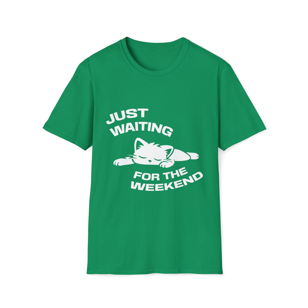 T-Shirt — 'JUST WAITING FOR THE WEEKEND' Tired Cat Graphic Tee (Tired jokes)