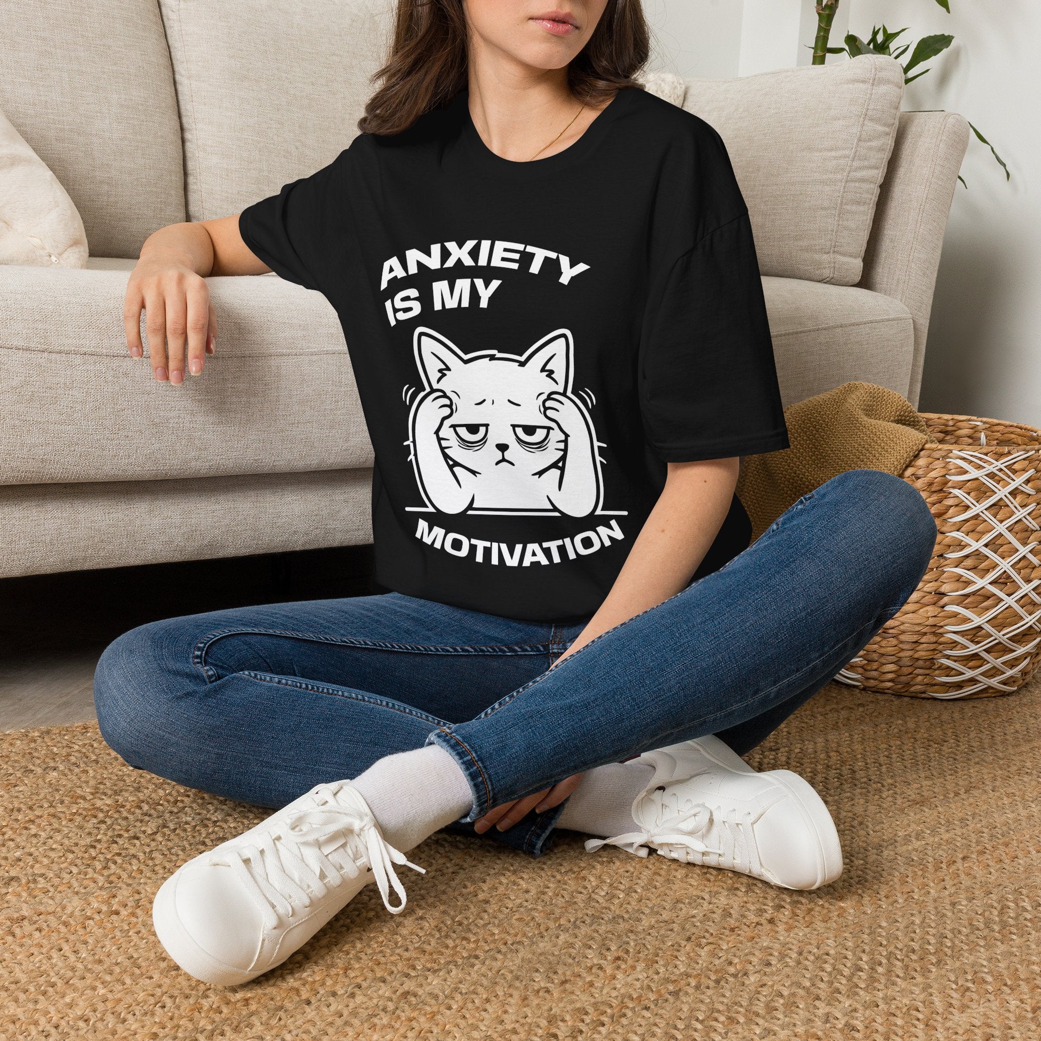 T-Shirt — 'ANXIETY IS MY MOTIVATION' Tired Cat Graphic Tee (Tired jokes)