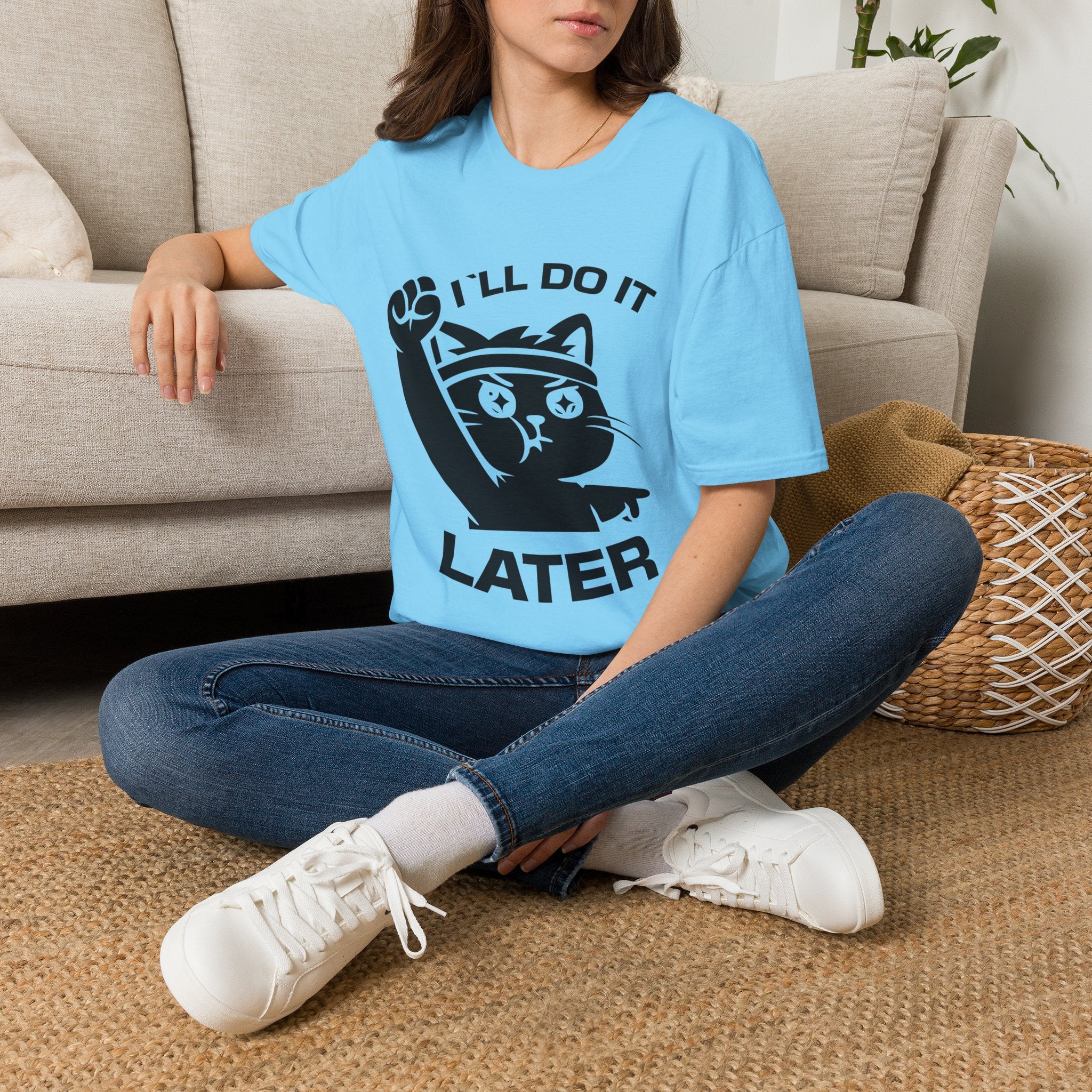 T-Shirt — 'I'll Do It Later' Tired Cat Graphic Tee (Tired jokes)