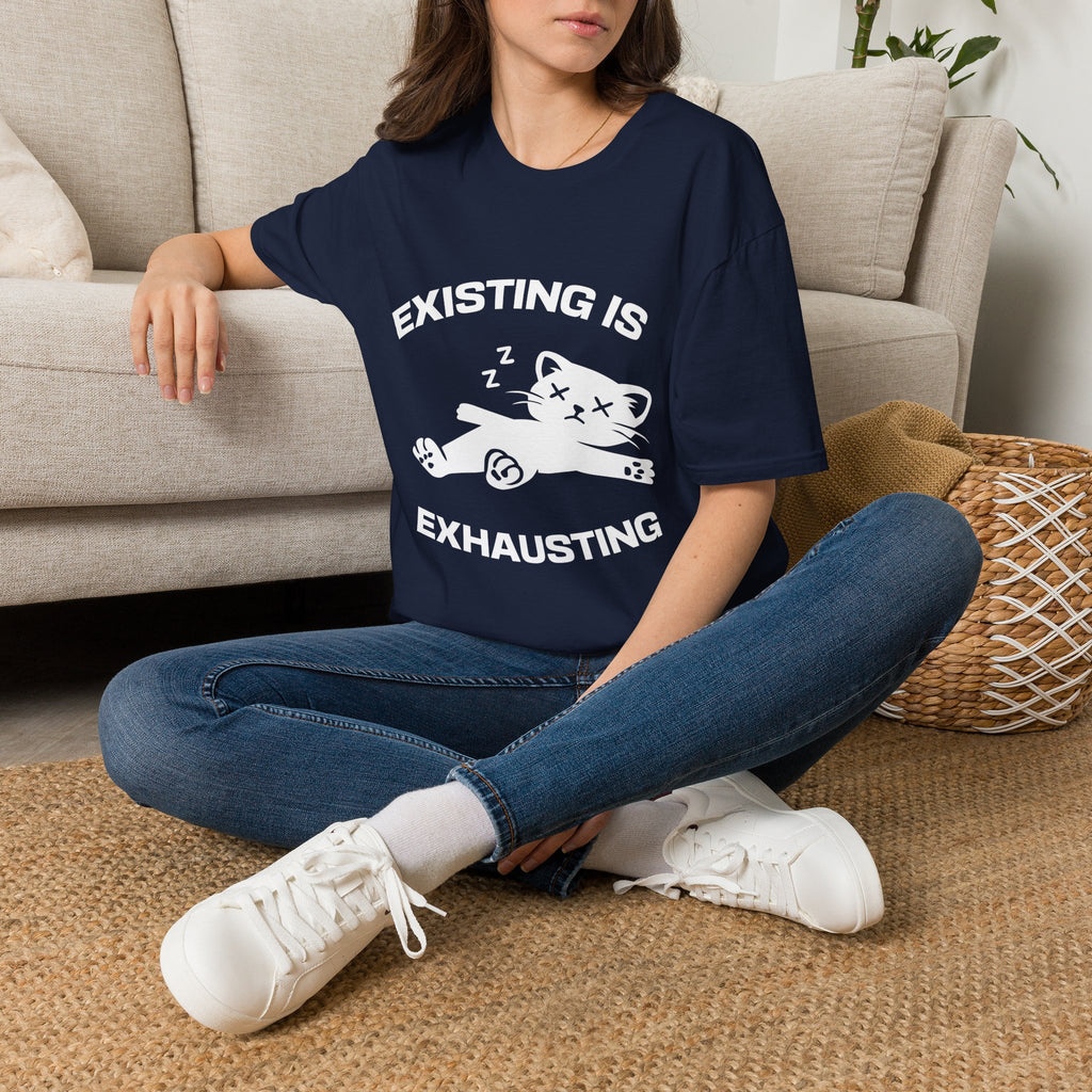 T-Shirt — 'Existing is Exhausthing ' Tired Cat Graphic Tee (Tired jokes)