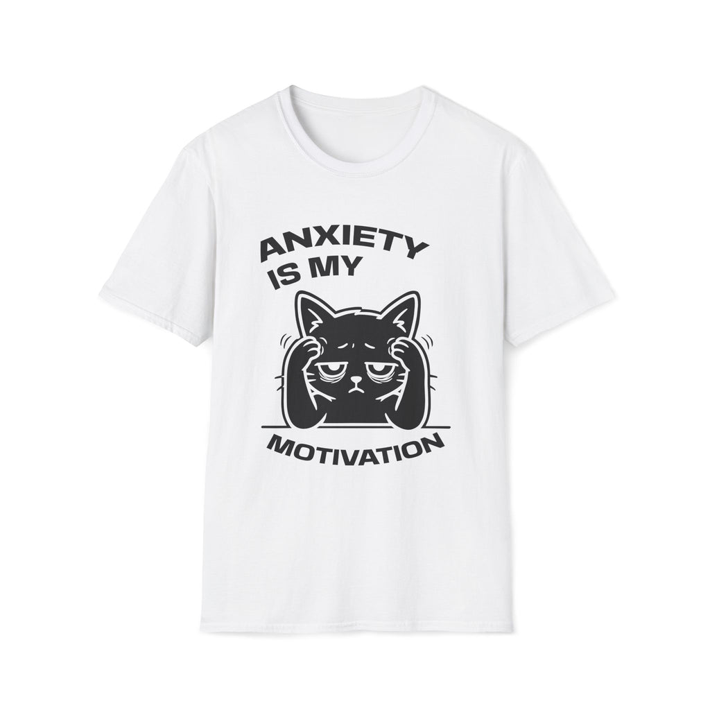 T-Shirt — 'ANXIETY IS MY MOTIVATION' Tired Cat Graphic Tee (Tired jokes)