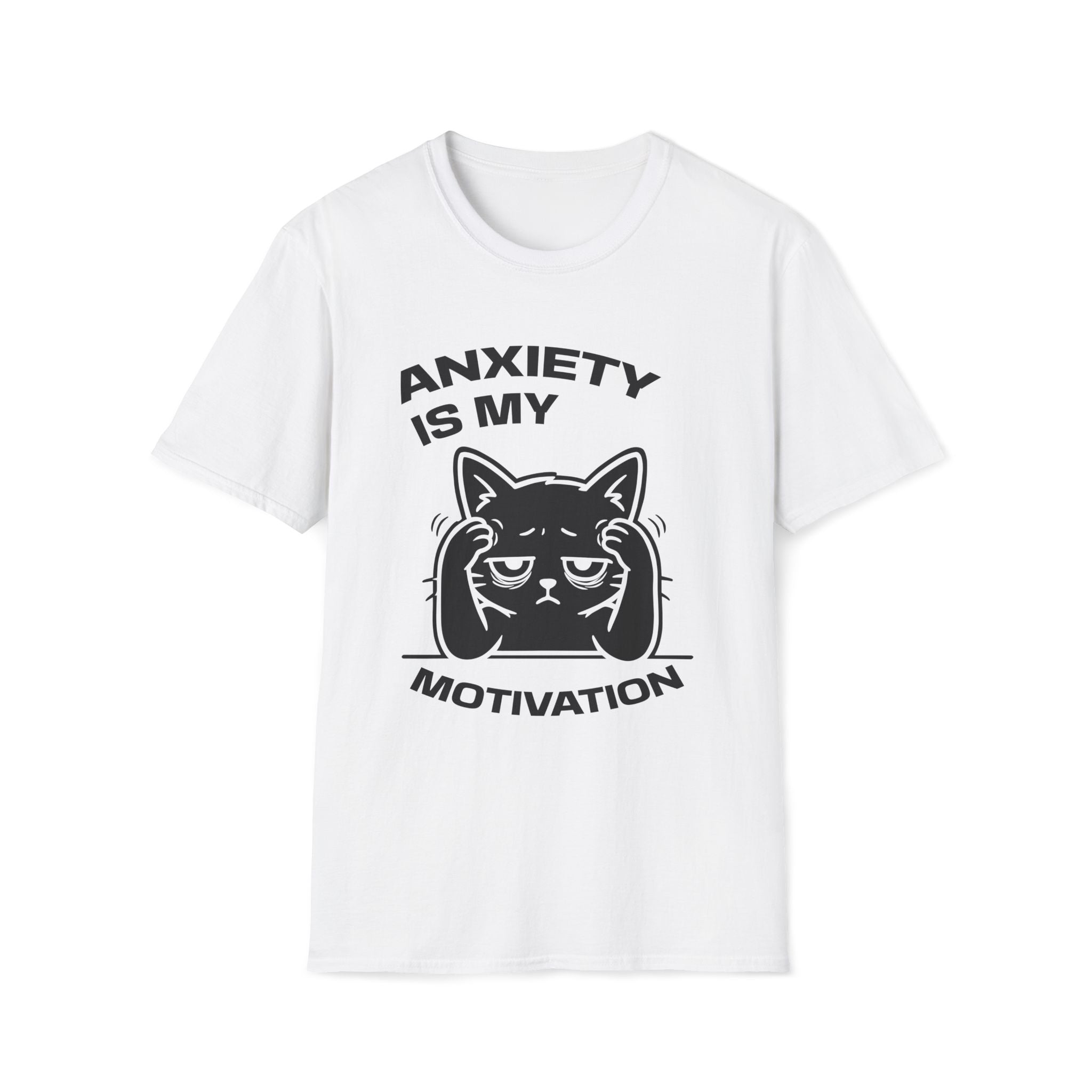 T-Shirt — 'ANXIETY IS MY MOTIVATION' Tired Cat Graphic Tee (Tired jokes)