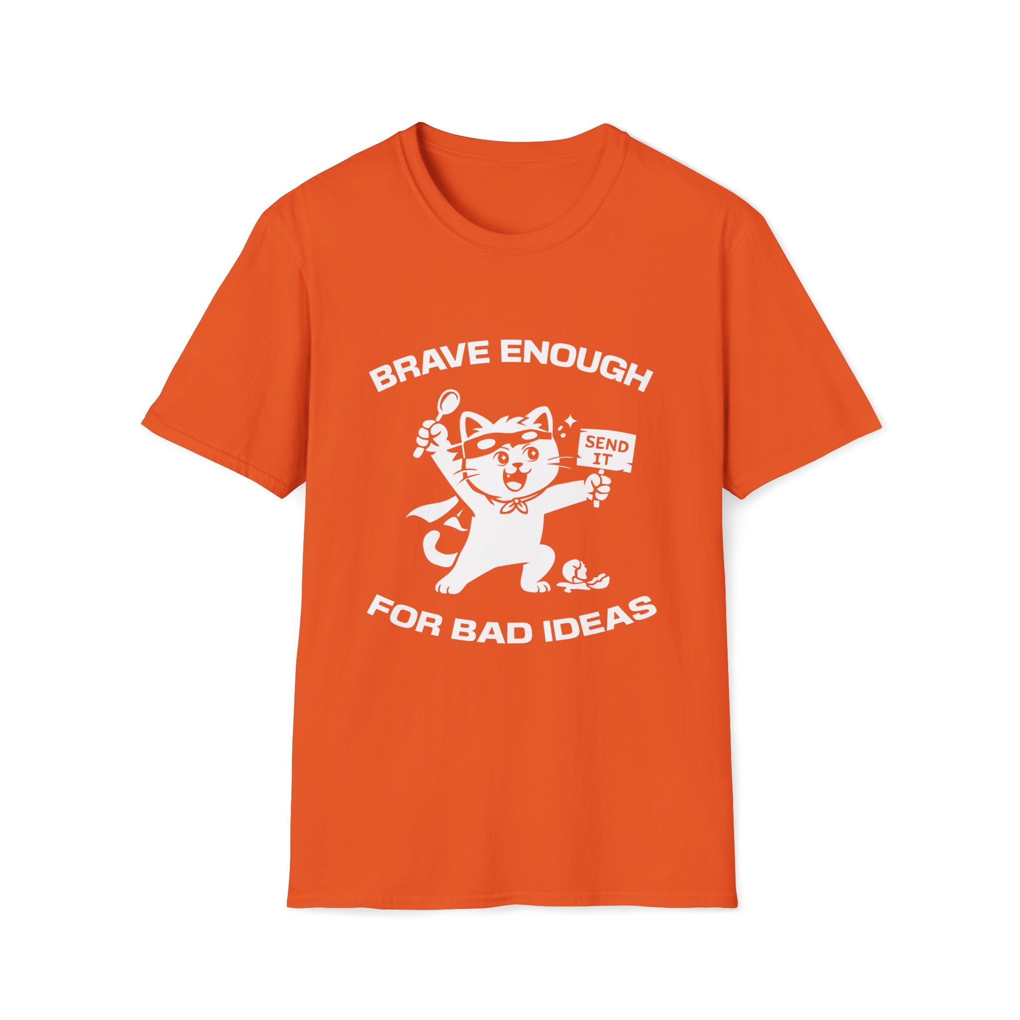 T-Shirt — 'Brave Enough For Bad Ideas' Tired Cat Graphic Tee (Tired jokes)