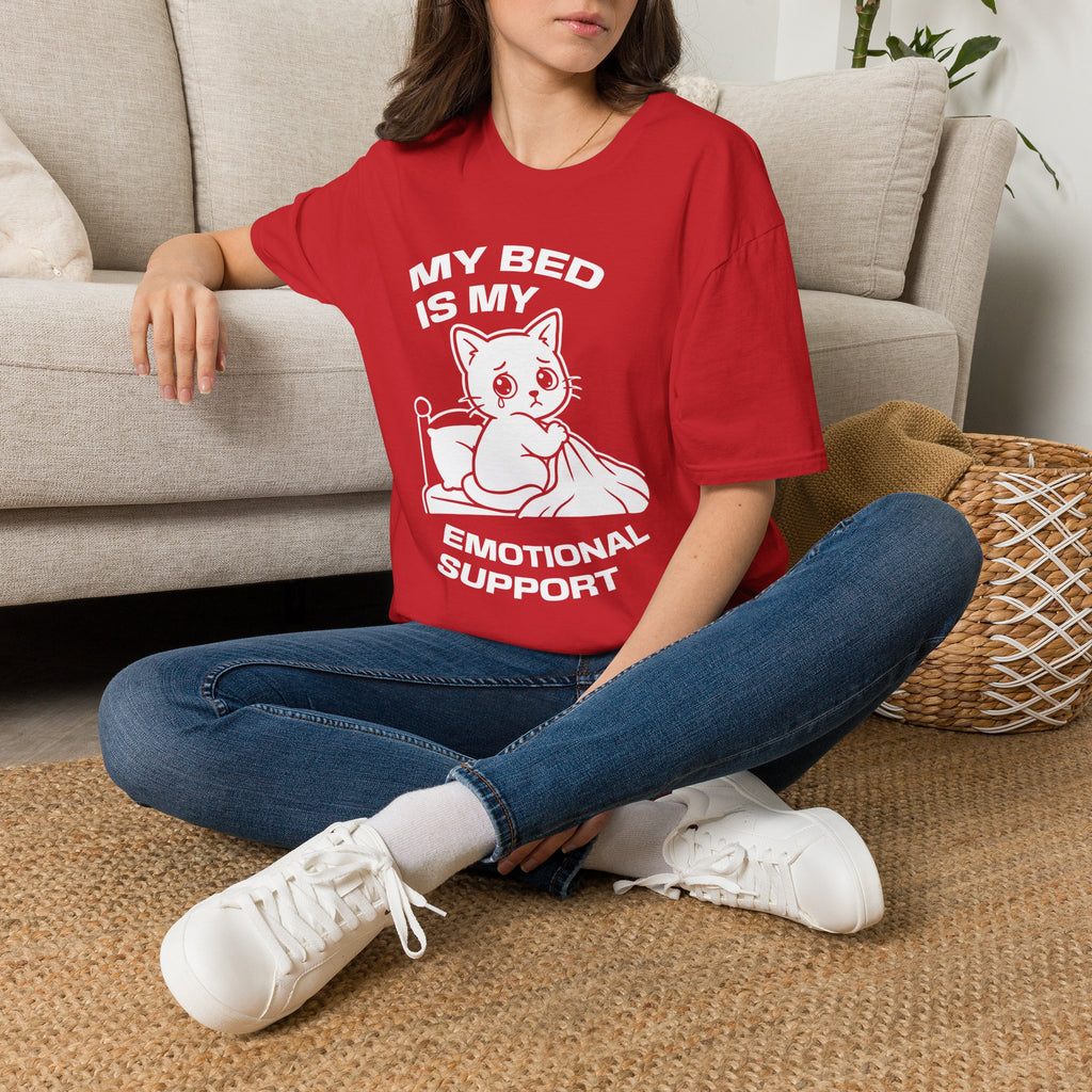 T-Shirt — 'MY BED IS MY EMOTIONAL SUPPORT' Tired Cat Graphic Tee (Tired jokes)