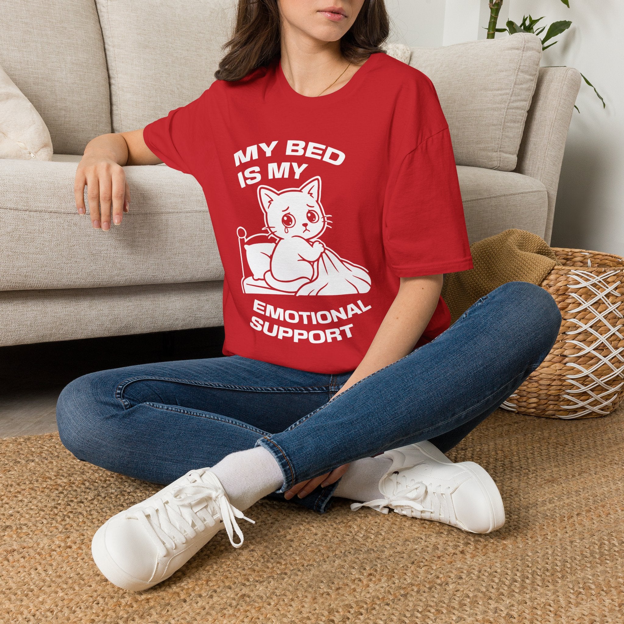 T-Shirt — 'MY BED IS MY EMOTIONAL SUPPORT' Tired Cat Graphic Tee (Tired jokes)