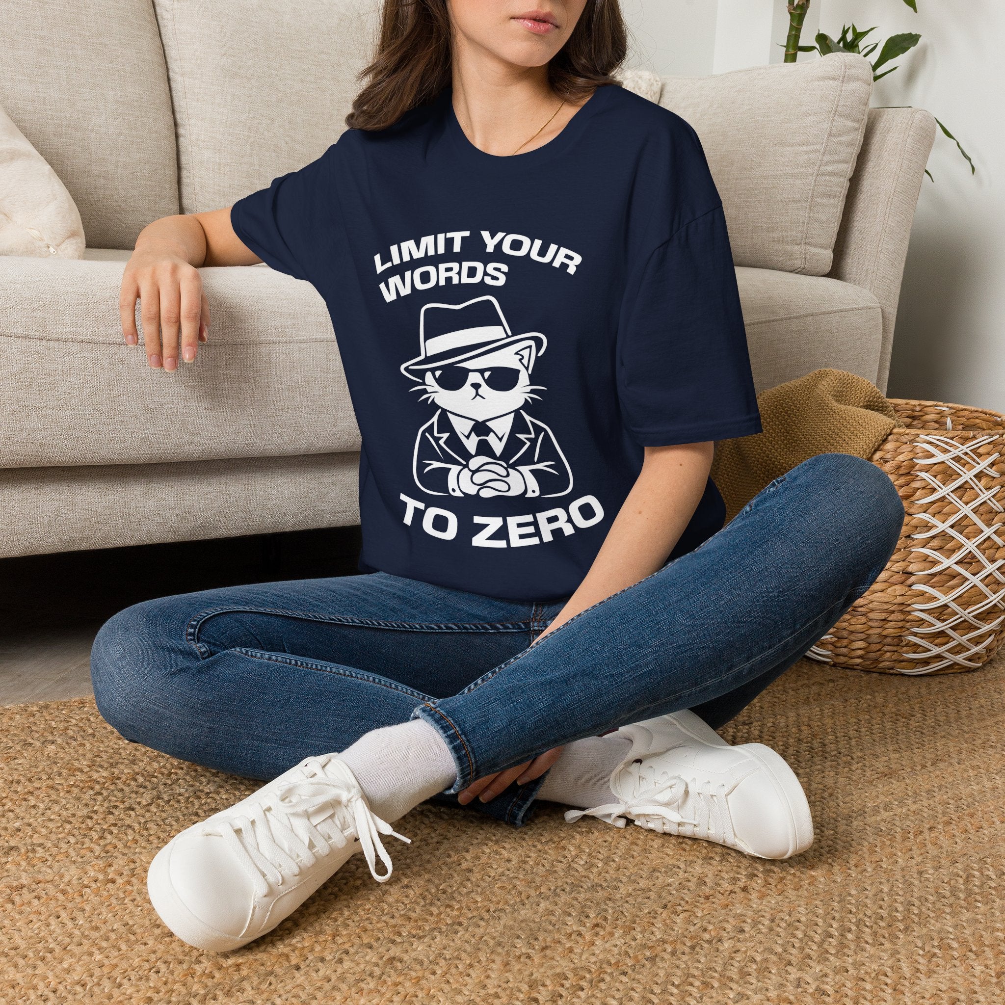 T-Shirt — 'LIMIT YOUR WORDS TO ZERO' Tired Cat Graphic Tee (Tired jokes)