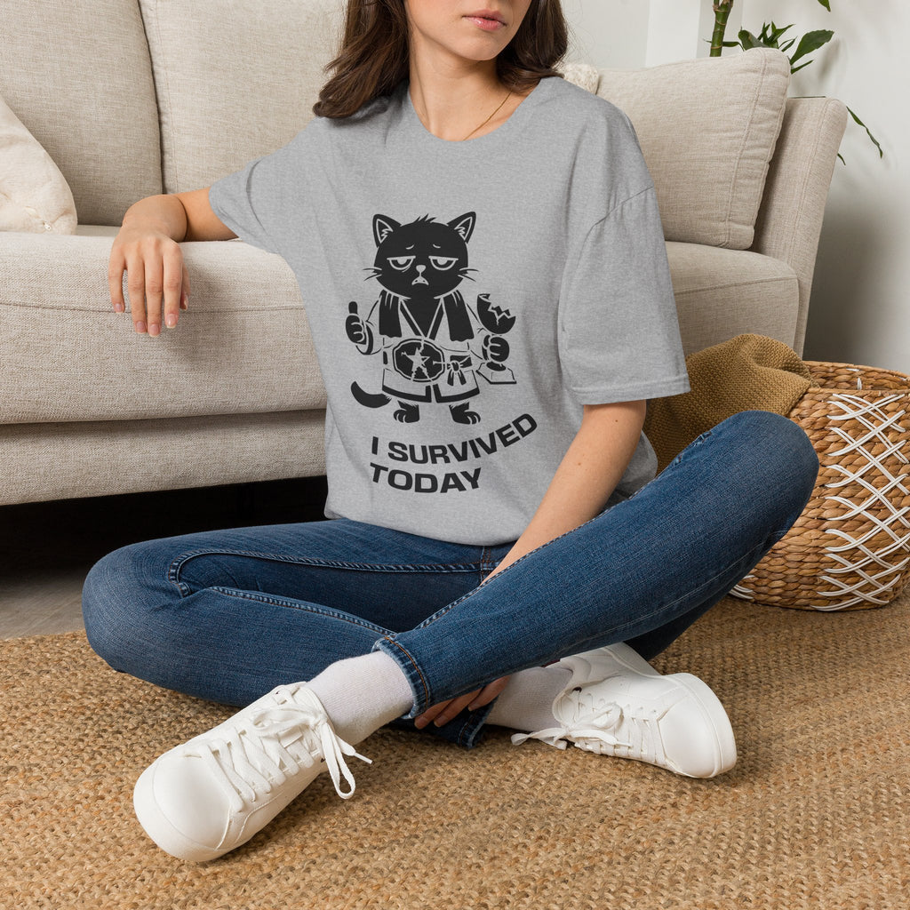 T-Shirt — 'I SURVIVED TODAY' Tired Cat Graphic Tee (Tired jokes)
