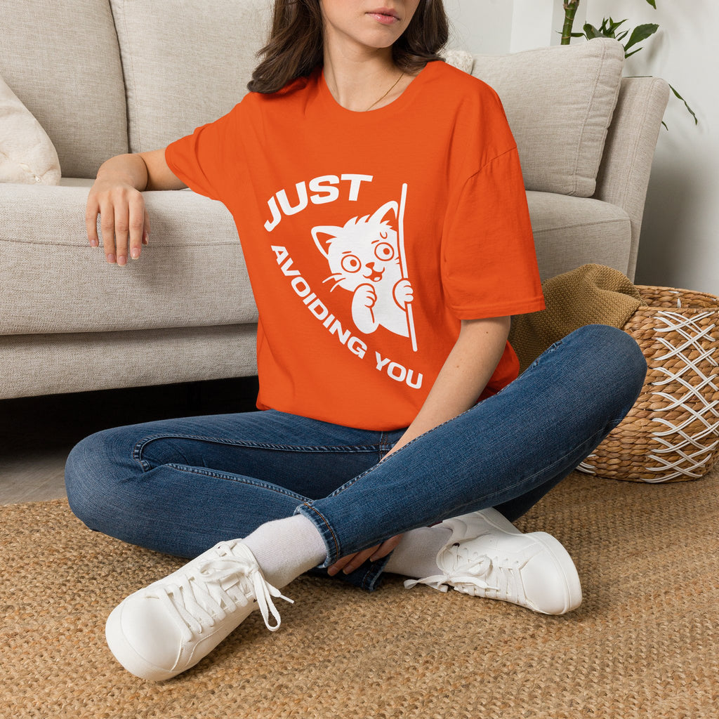 T-Shirt — 'Just Avoiding You' Tired Cat Graphic Tee (Tired jokes)