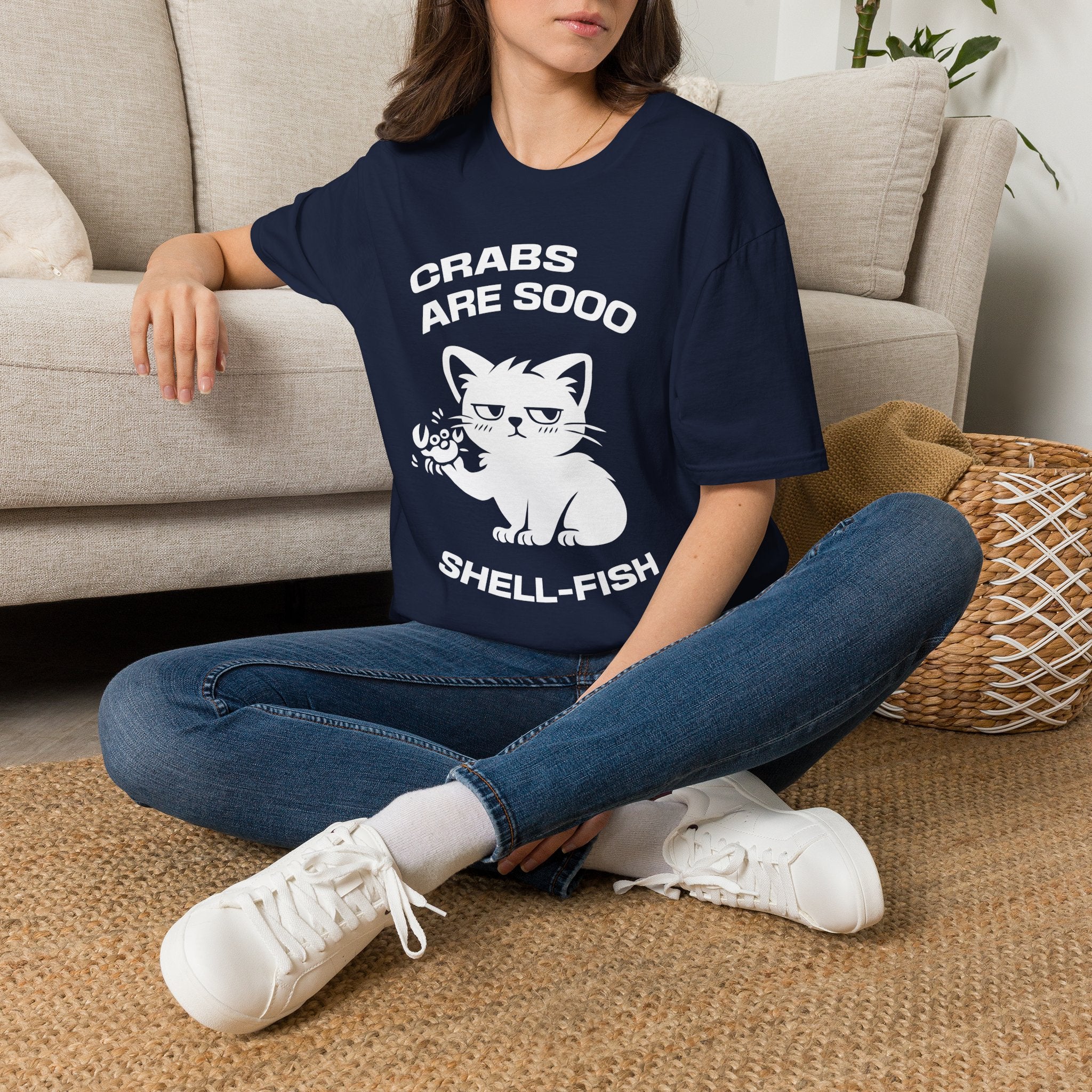 T-Shirt — 'CRABS ARE SO SHELL-FISH' Tired Cat Graphic Tee (Tired jokes)