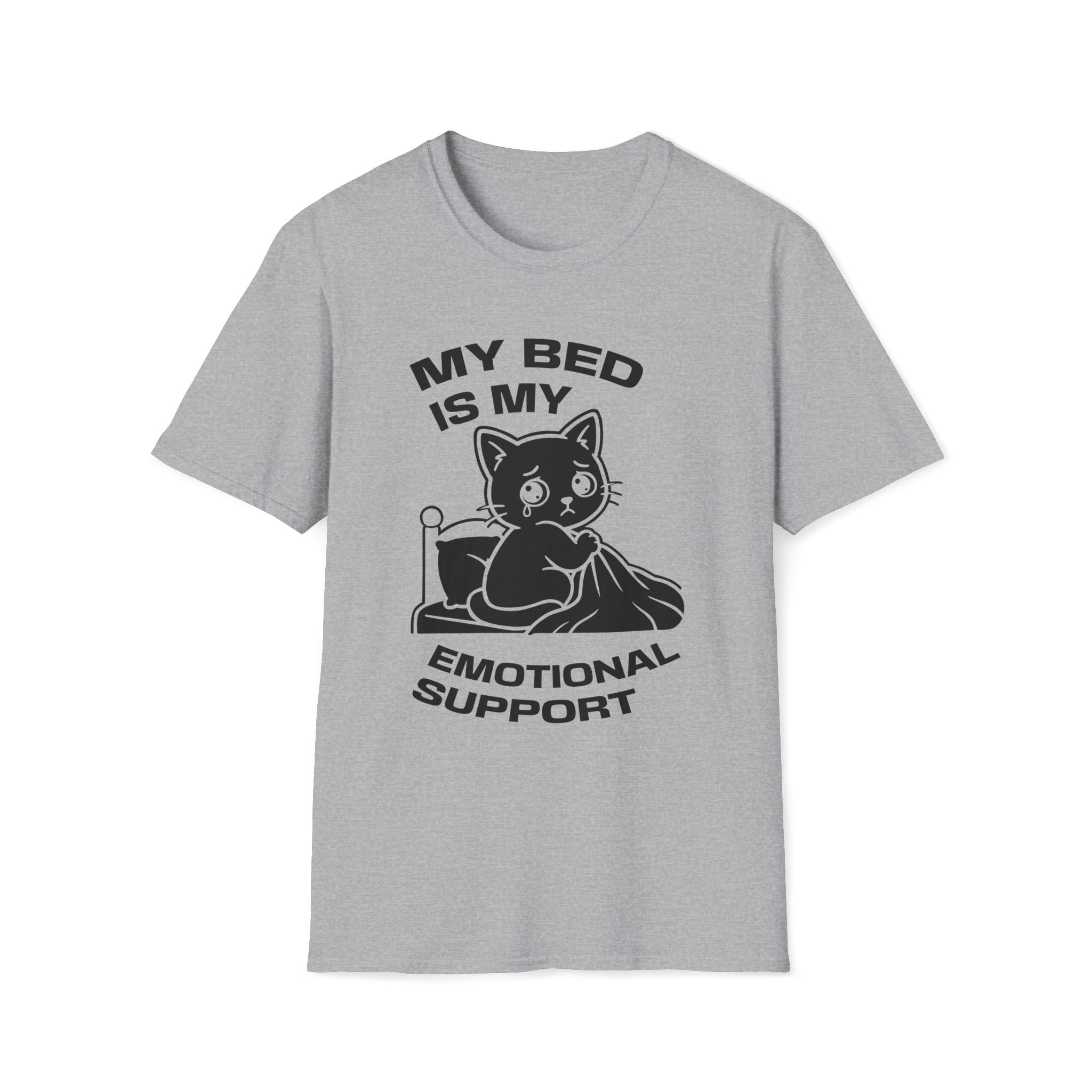 T-Shirt — 'MY BED IS MY EMOTIONAL SUPPORT' Tired Cat Graphic Tee (Tired jokes)