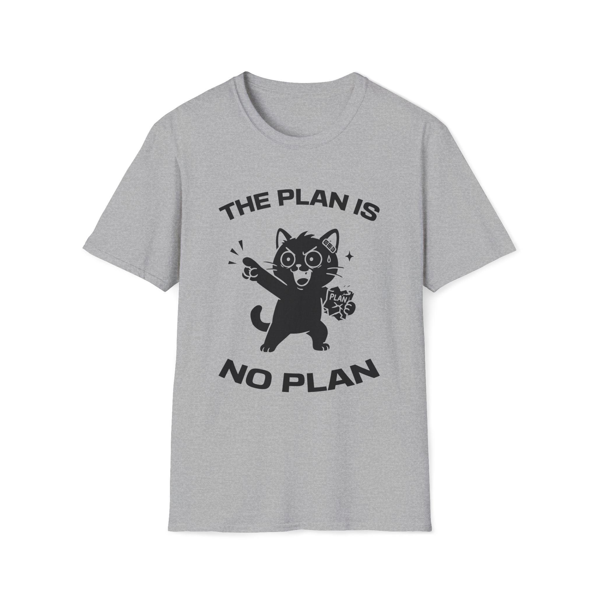 T-Shirt — 'The Plan Is No Plan' Tired Cat Graphic Tee (Tired jokes)