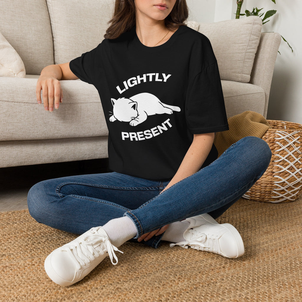 T-Shirt — 'Lightly Present' Tired Cat Graphic Tee (Tired jokes)