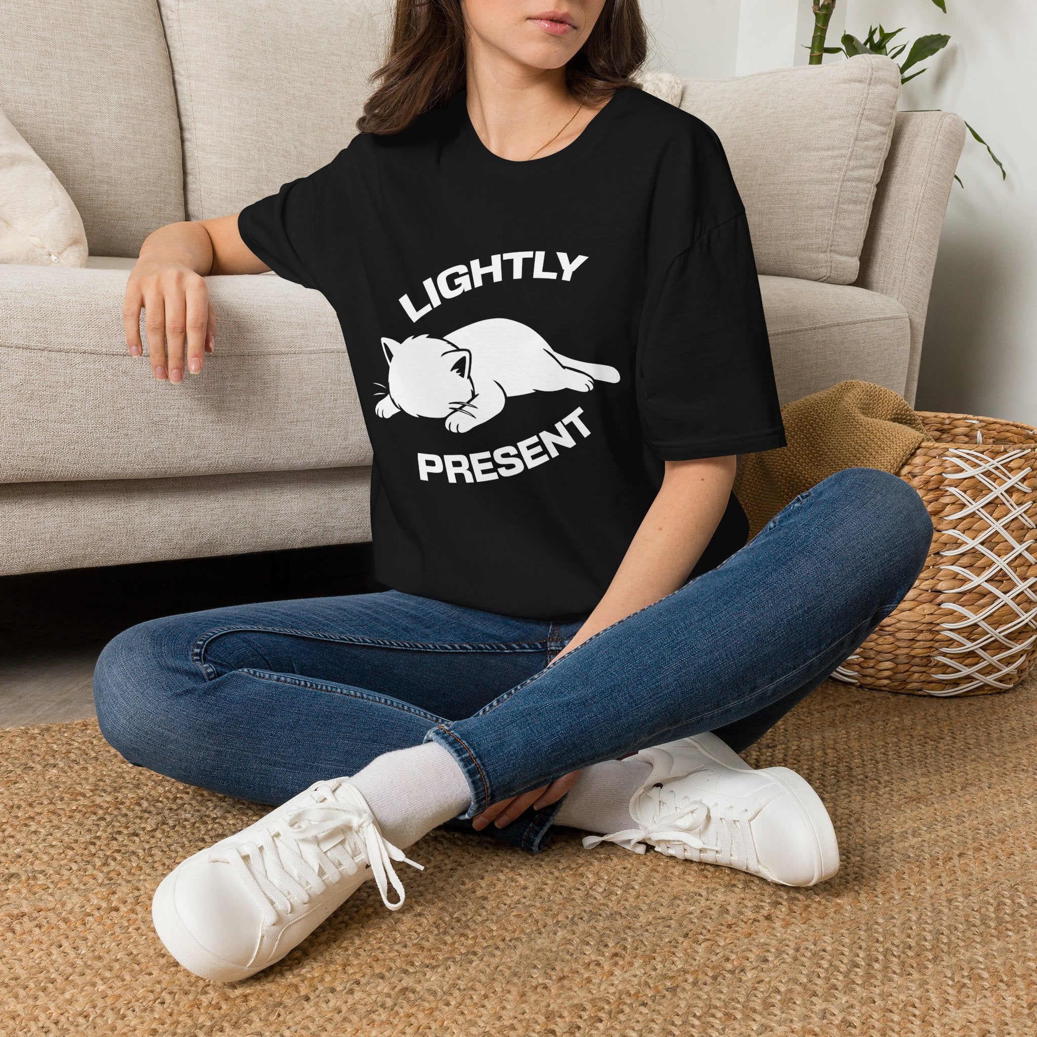 T-Shirt — 'Lightly Present' Tired Cat Graphic Tee (Tired jokes)