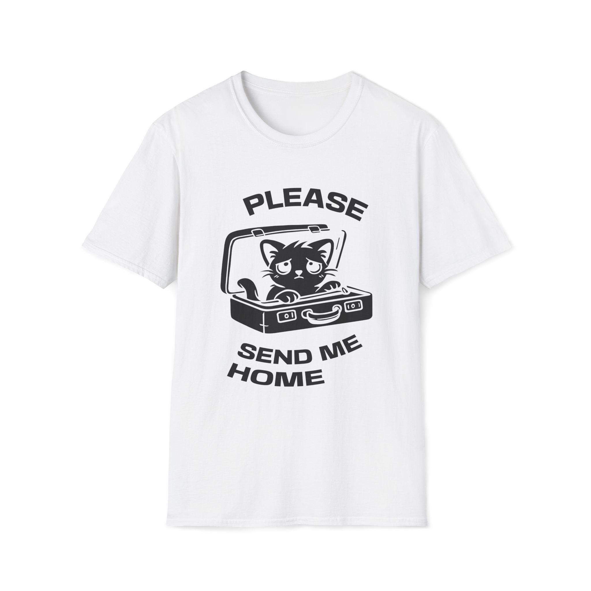 T-Shirt — 'PLEASE SEND ME HOME' Tired Cat Graphic Tee (Tired jokes)