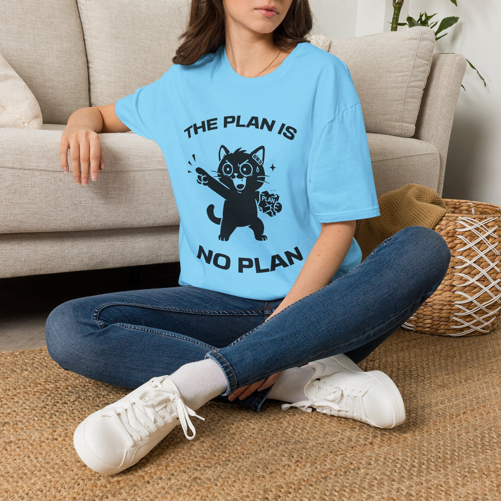 T-Shirt — 'The Plan Is No Plan' Tired Cat Graphic Tee (Tired jokes)