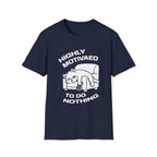 T-Shirt — 'HIGHLY MOTIVATED TO DO NOTHING' Tired Cat Graphic Tee (Tired jokes)