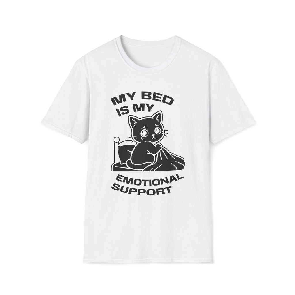 T-Shirt — 'MY BED IS MY EMOTIONAL SUPPORT' Tired Cat Graphic Tee (Tired jokes)