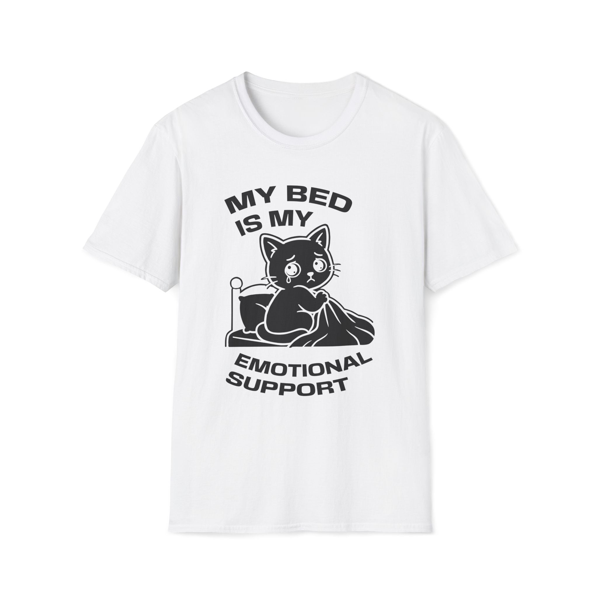 T-Shirt — 'MY BED IS MY EMOTIONAL SUPPORT' Tired Cat Graphic Tee (Tired jokes)