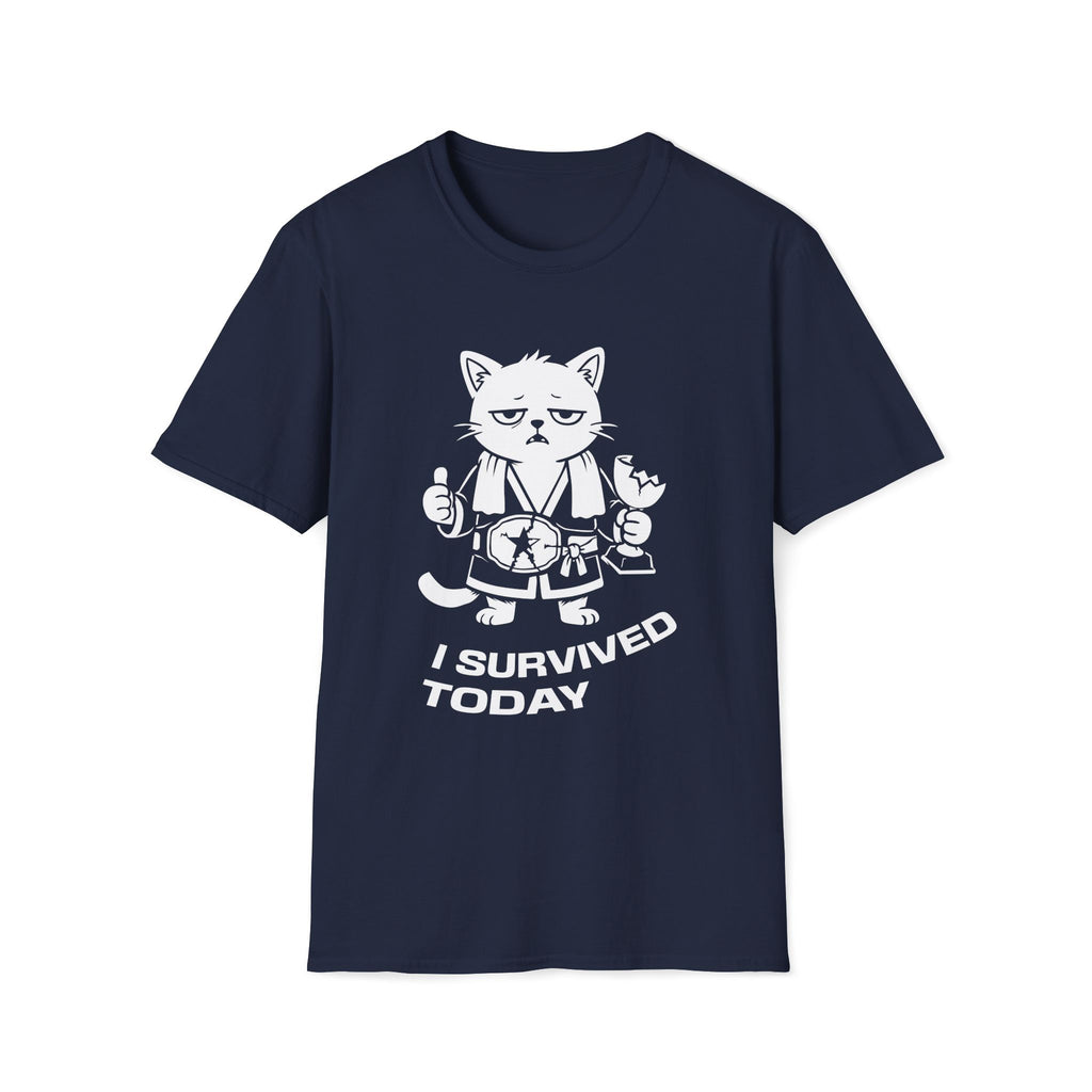 T-Shirt — 'I SURVIVED TODAY' Tired Cat Graphic Tee (Tired jokes)